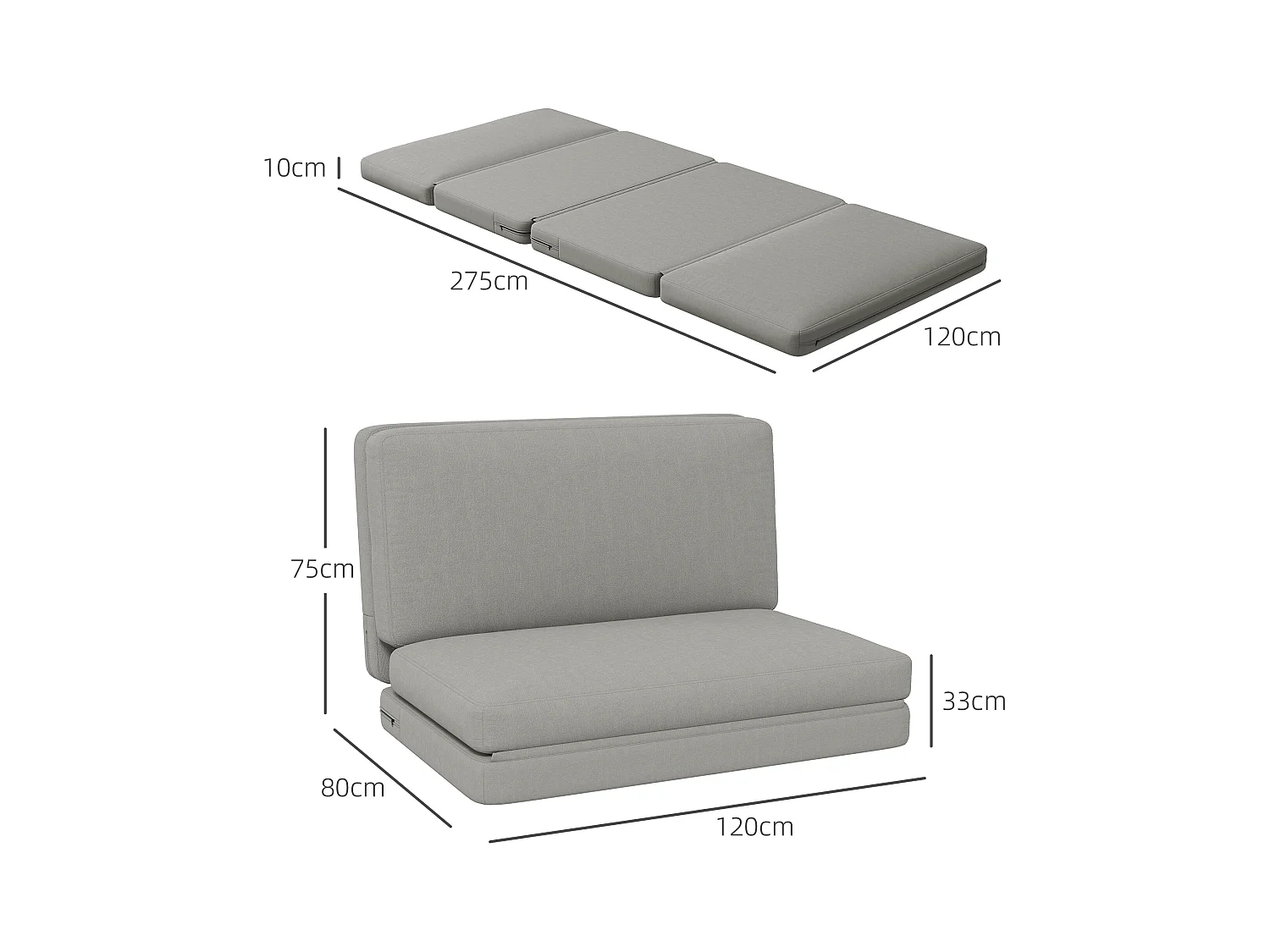 Canapé-lit 3-en-1 pliable avec tissu en velours, jusqu'à 240 kg, gris clair (120x275x10 cm)