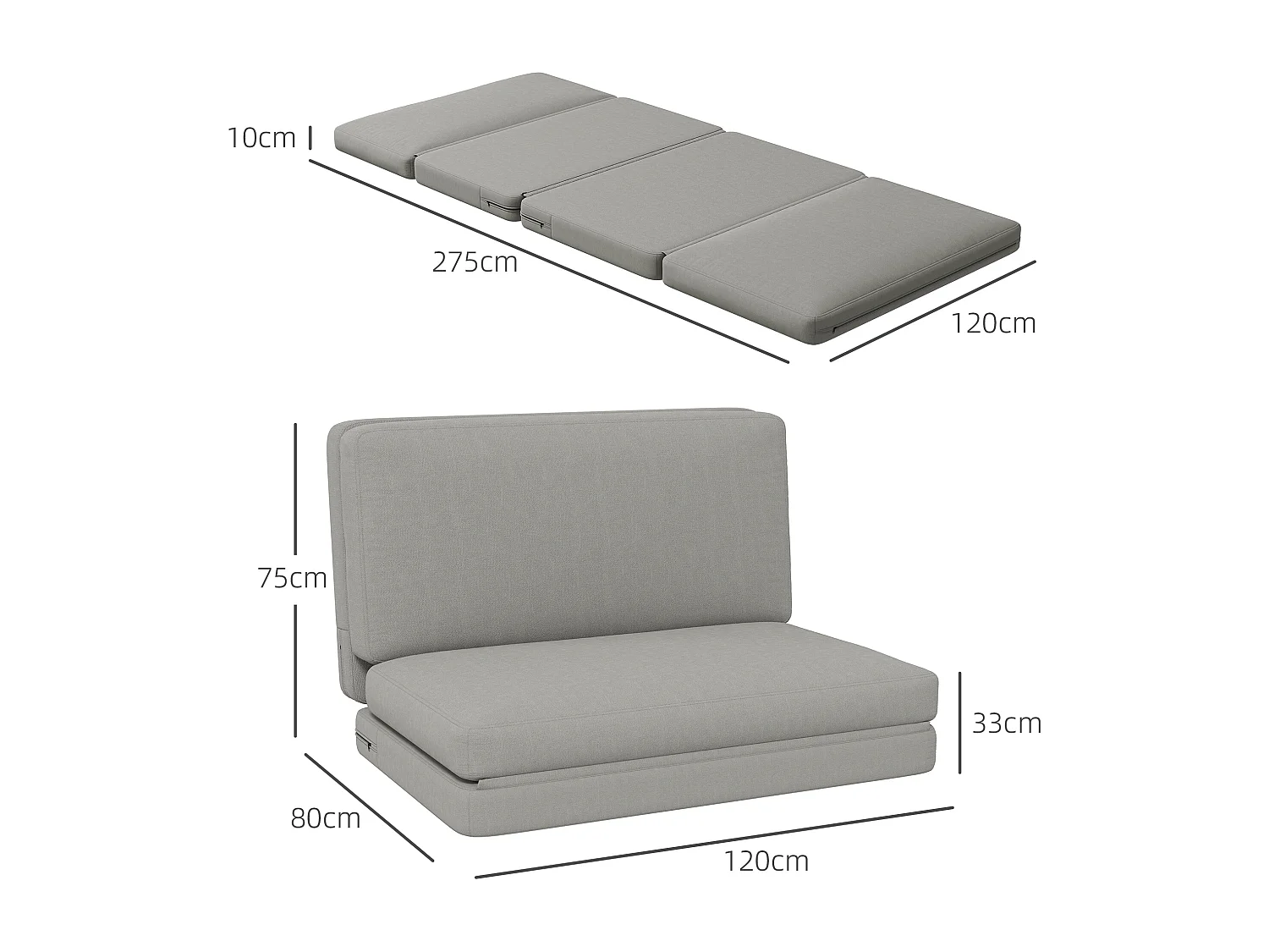 Canapé-lit 3-en-1 pliable avec tissu en velours, jusqu'à 240 kg, gris clair (120x275x10 cm)