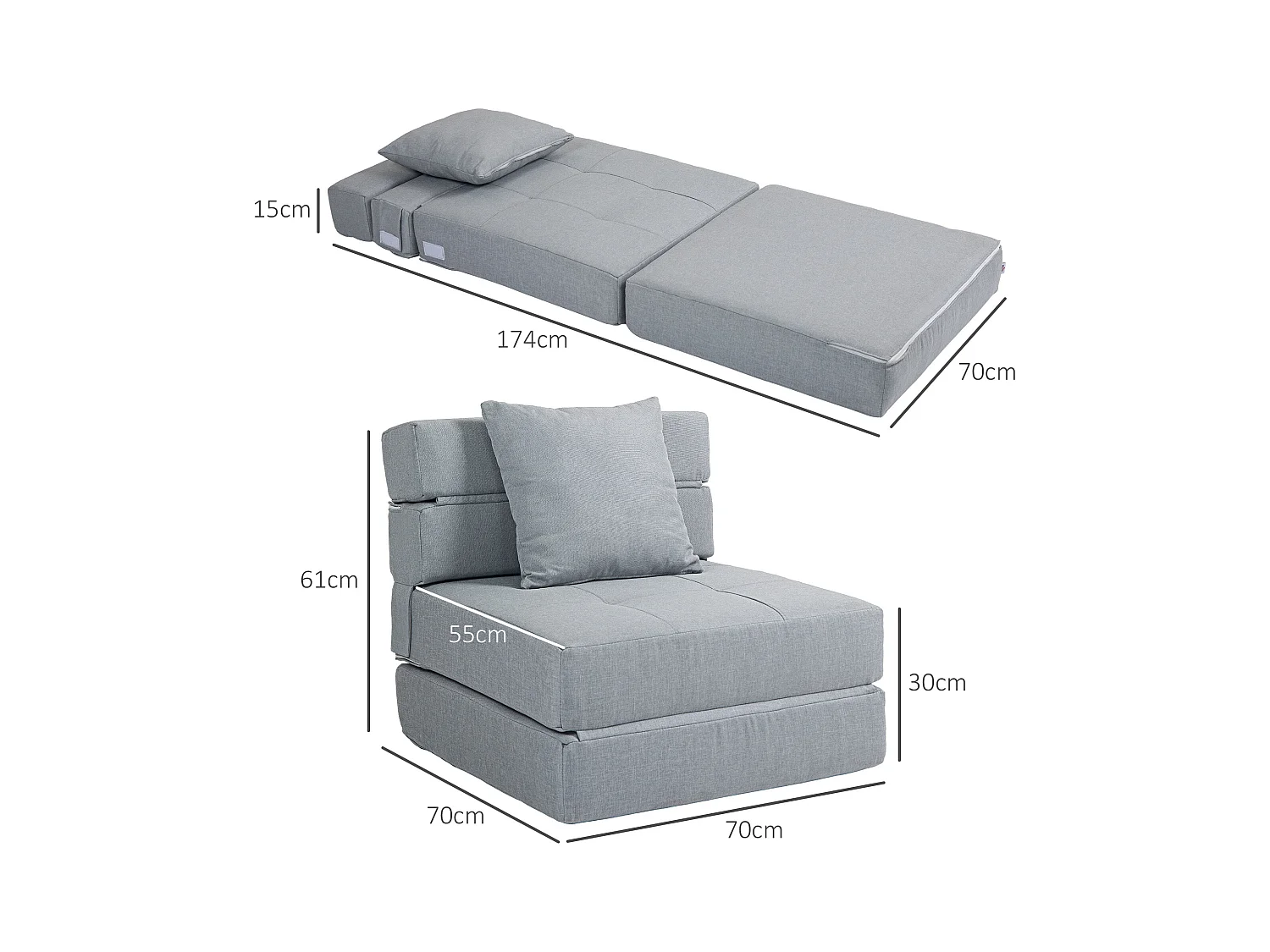 Canapé pliable 2-en-1, Tissu polyester, Gris clair (70x70x61 cm)