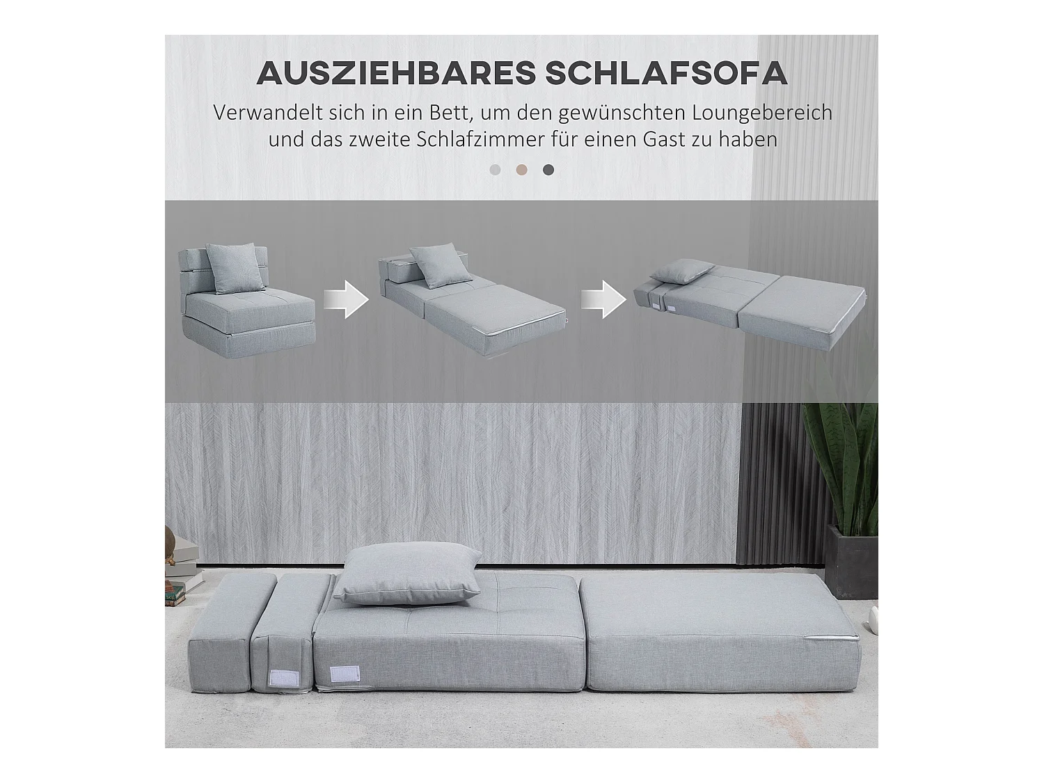 Canapé pliable 2-en-1, Tissu polyester, Gris clair (70x70x61 cm)