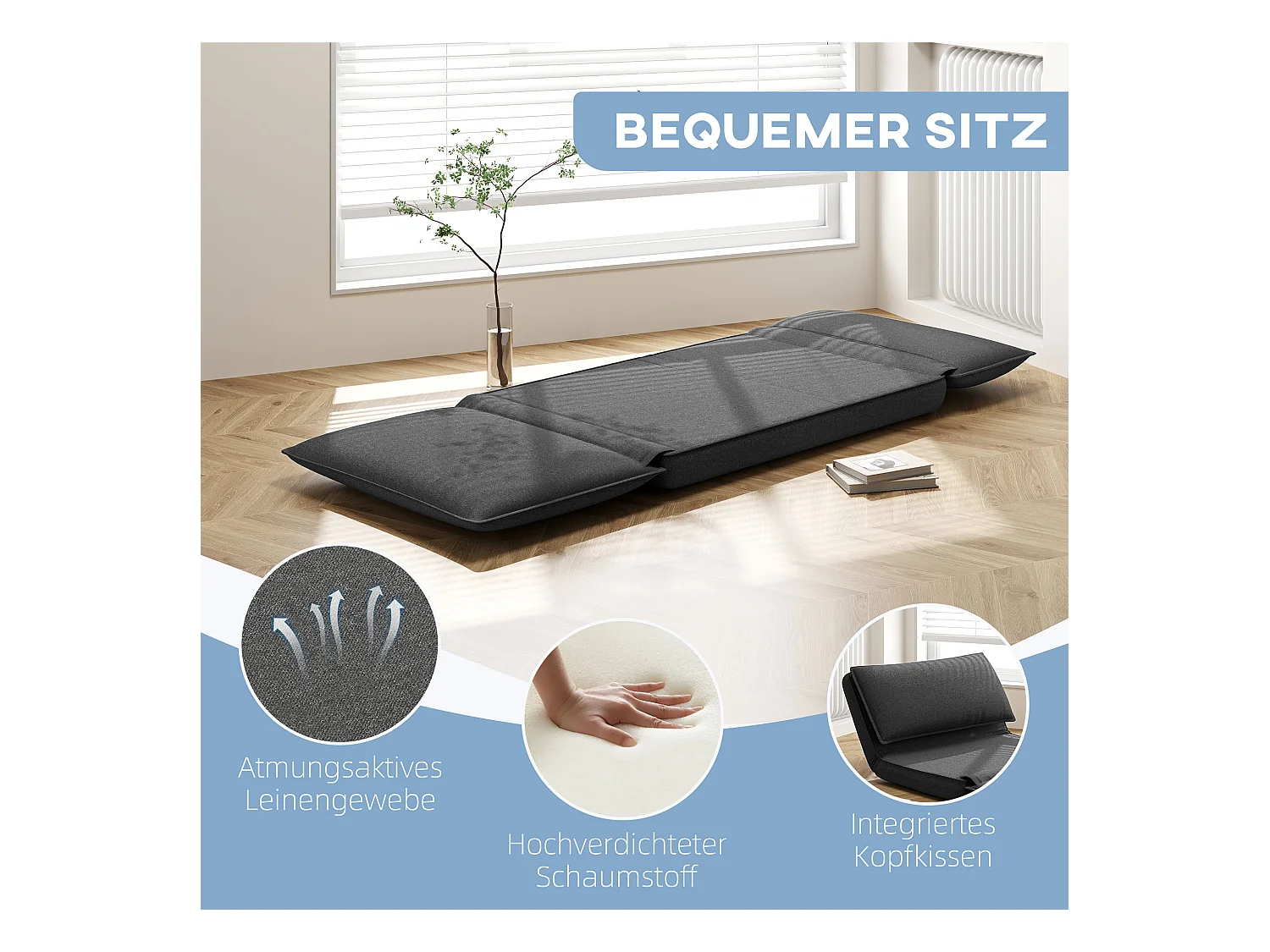 Canapé de sol 4-en-1 pliable avec dossier réglable, tissu lin, gris foncé (76x75x71 cm)