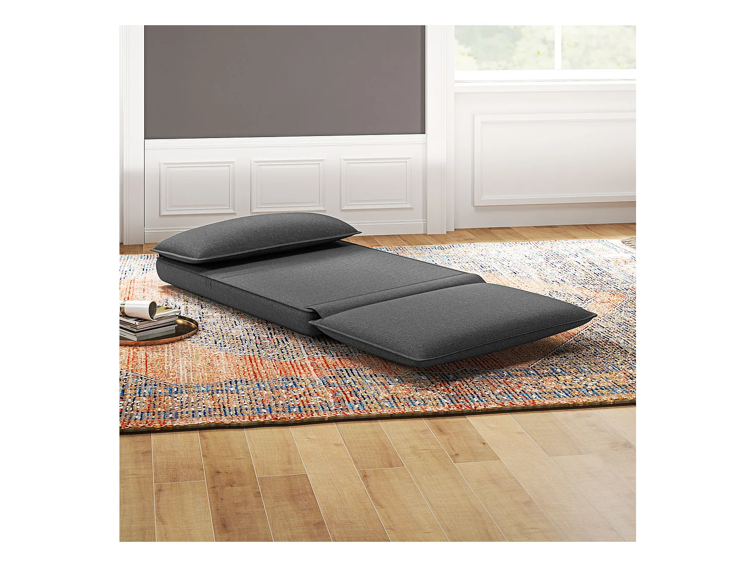 Canapé de sol 4-en-1 pliable avec dossier réglable, tissu lin, gris foncé (76x75x71 cm)