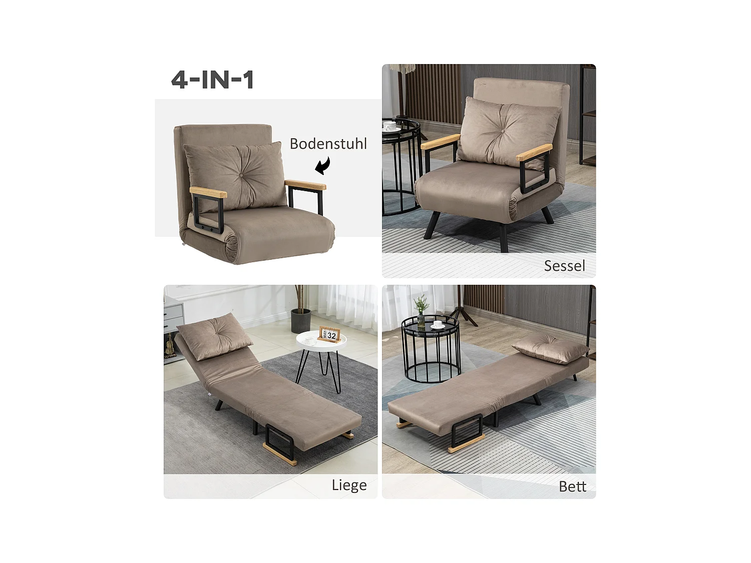 Fauteuil convertible avec dossier inclinable 5 positions, acier, velours beige clair (63x73x81cm)