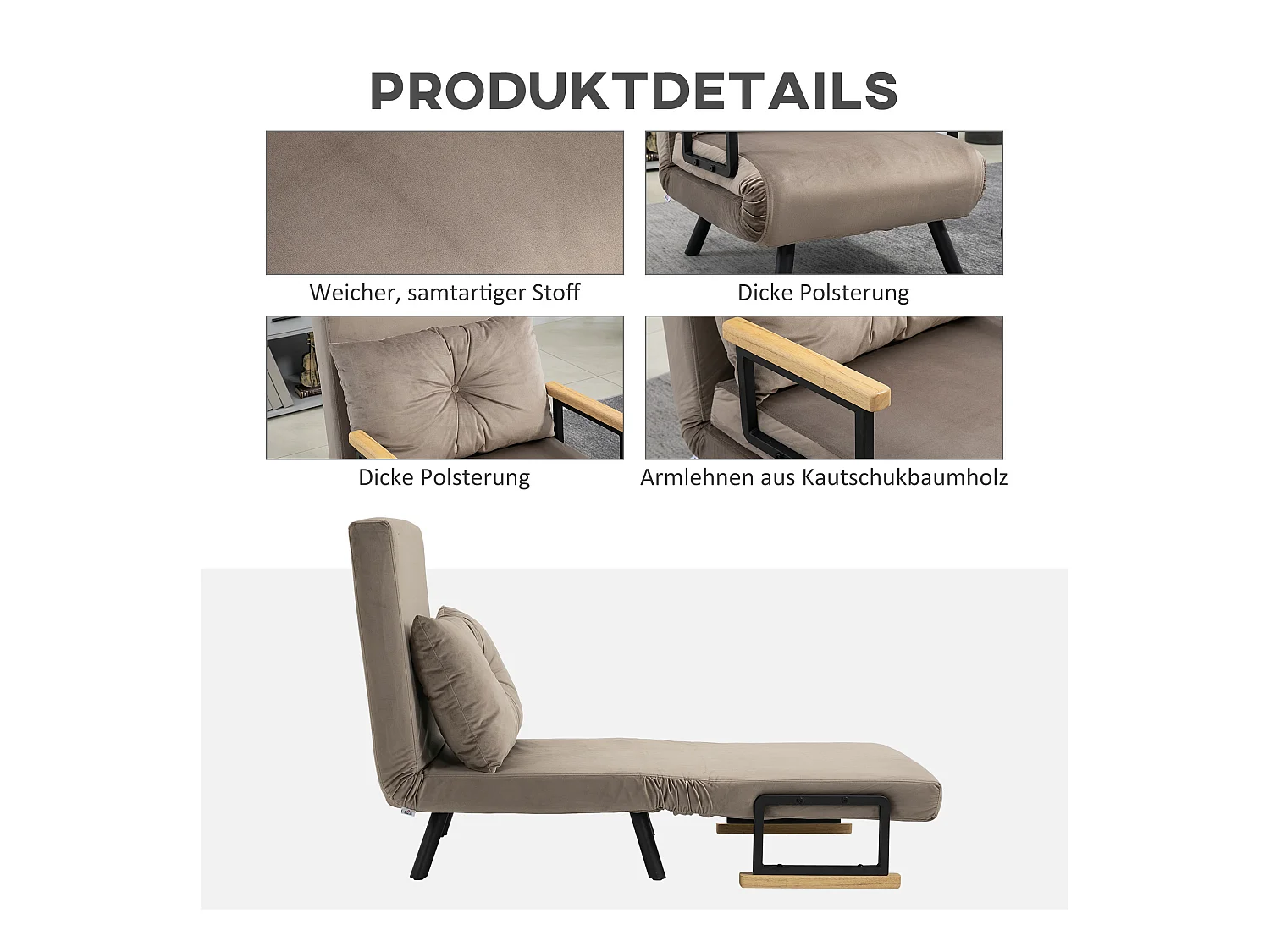 Fauteuil convertible avec dossier inclinable 5 positions, acier, velours beige clair (63x73x81cm)