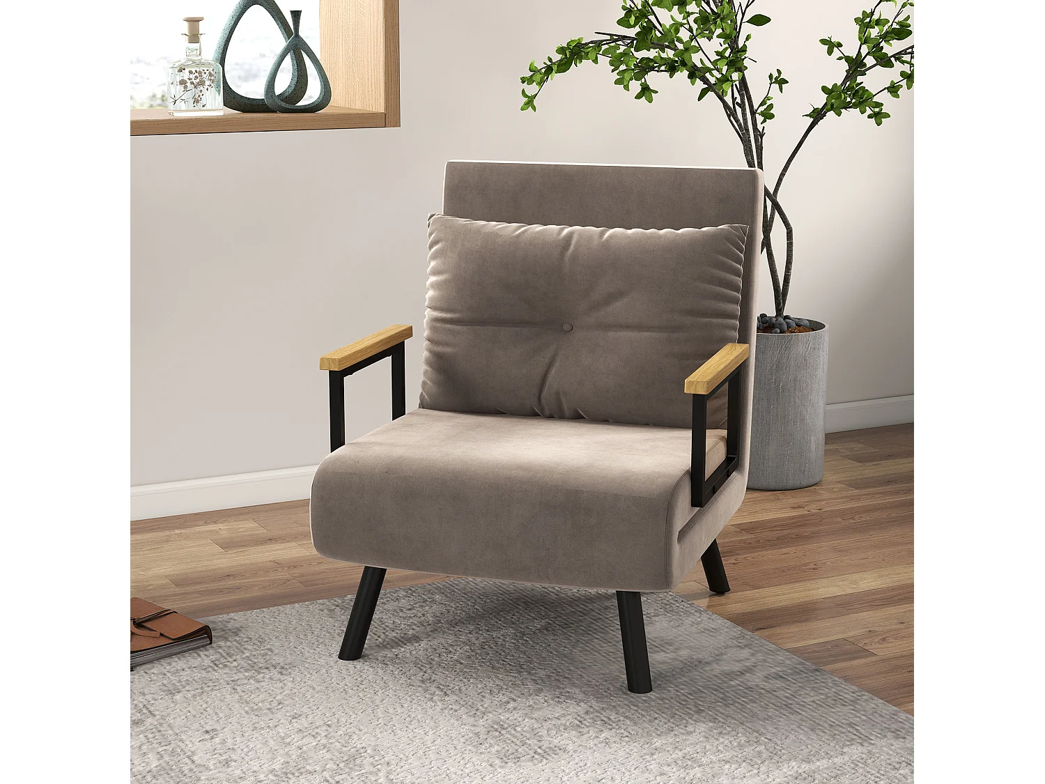 Sillón convertible con respaldo reclinable en 5 posiciones, acero, terciopelo beige claro (63x73x81cm)