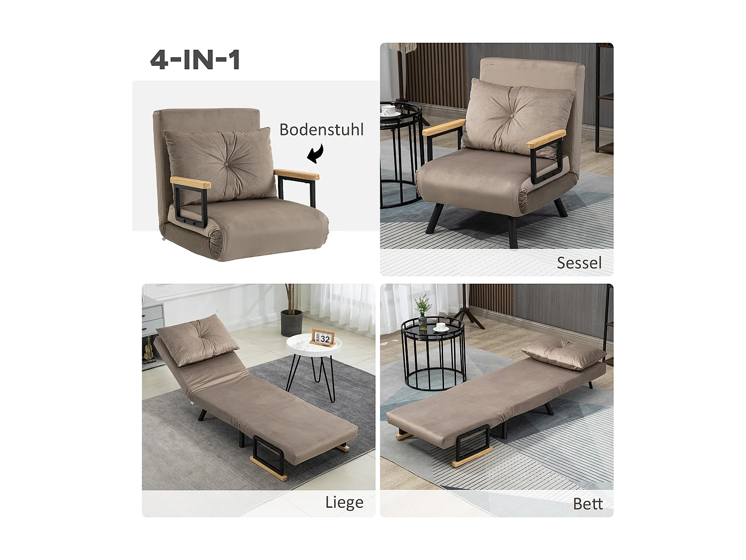 Sillón convertible con respaldo reclinable en 5 posiciones, acero, terciopelo beige claro (63x73x81cm)