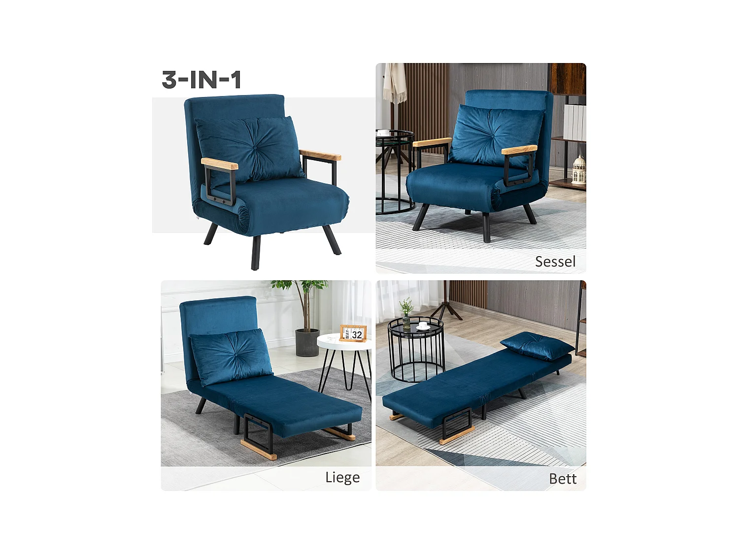 Relaxfauteuil omvormbaar met bedfunctie, fluwelen stof, blauw (63x73x81 cm)