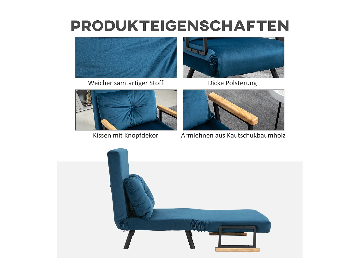 Relaxfauteuil omvormbaar met bedfunctie, fluwelen stof, blauw (63x73x81 cm)