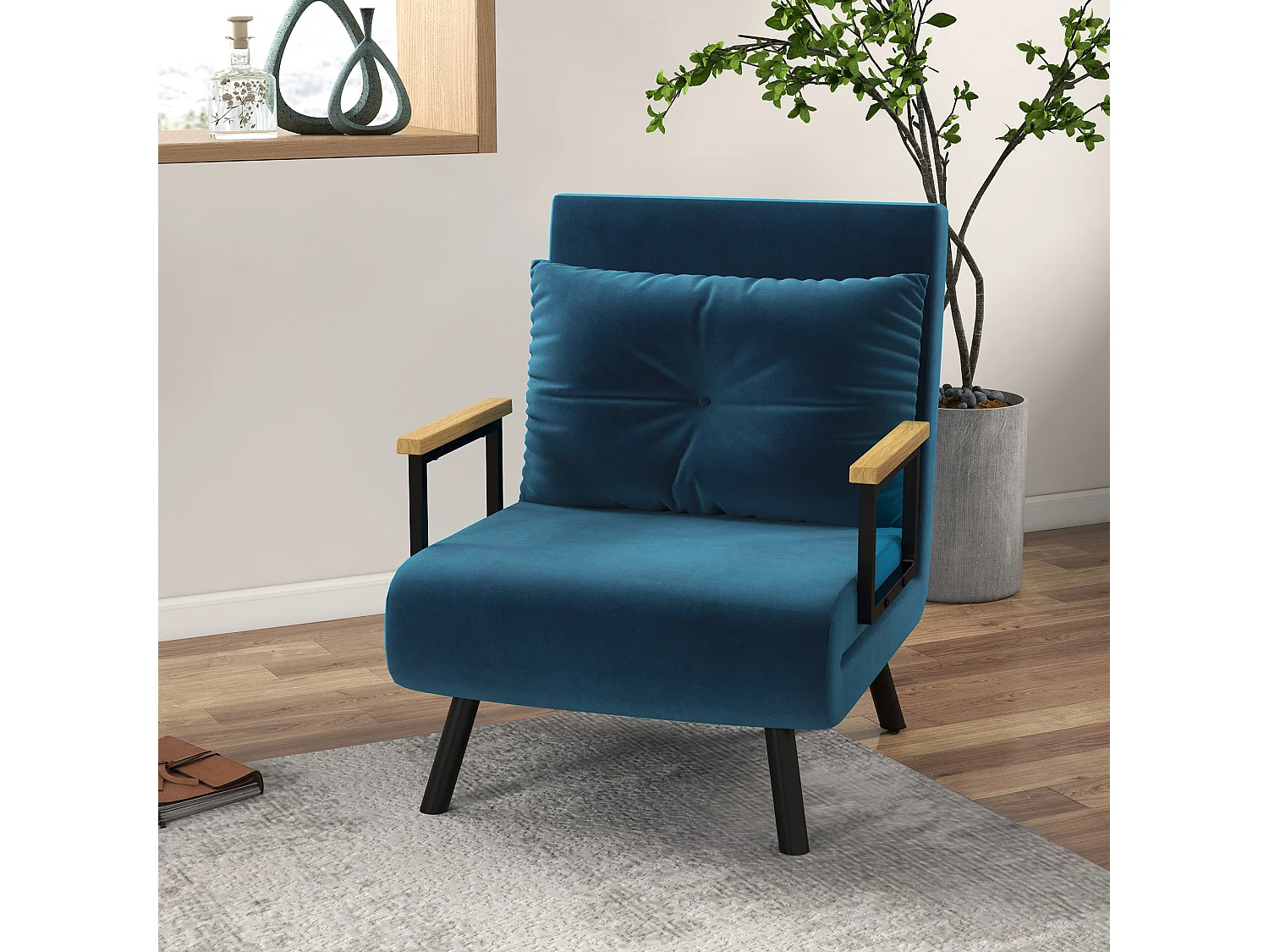Fauteuil convertible avec fonction lit, Tissu velours, Bleu (63x73x81 cm)