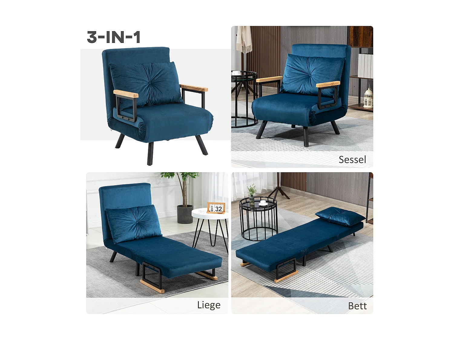 Fauteuil convertible avec fonction lit, Tissu velours, Bleu (63x73x81 cm)