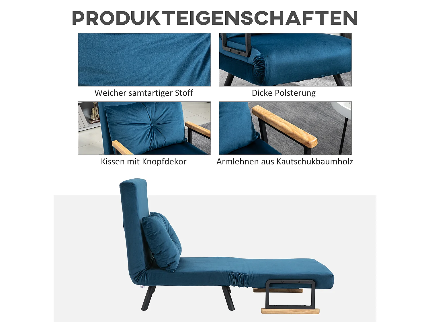 Fauteuil convertible avec fonction lit, Tissu velours, Bleu (63x73x81 cm)
