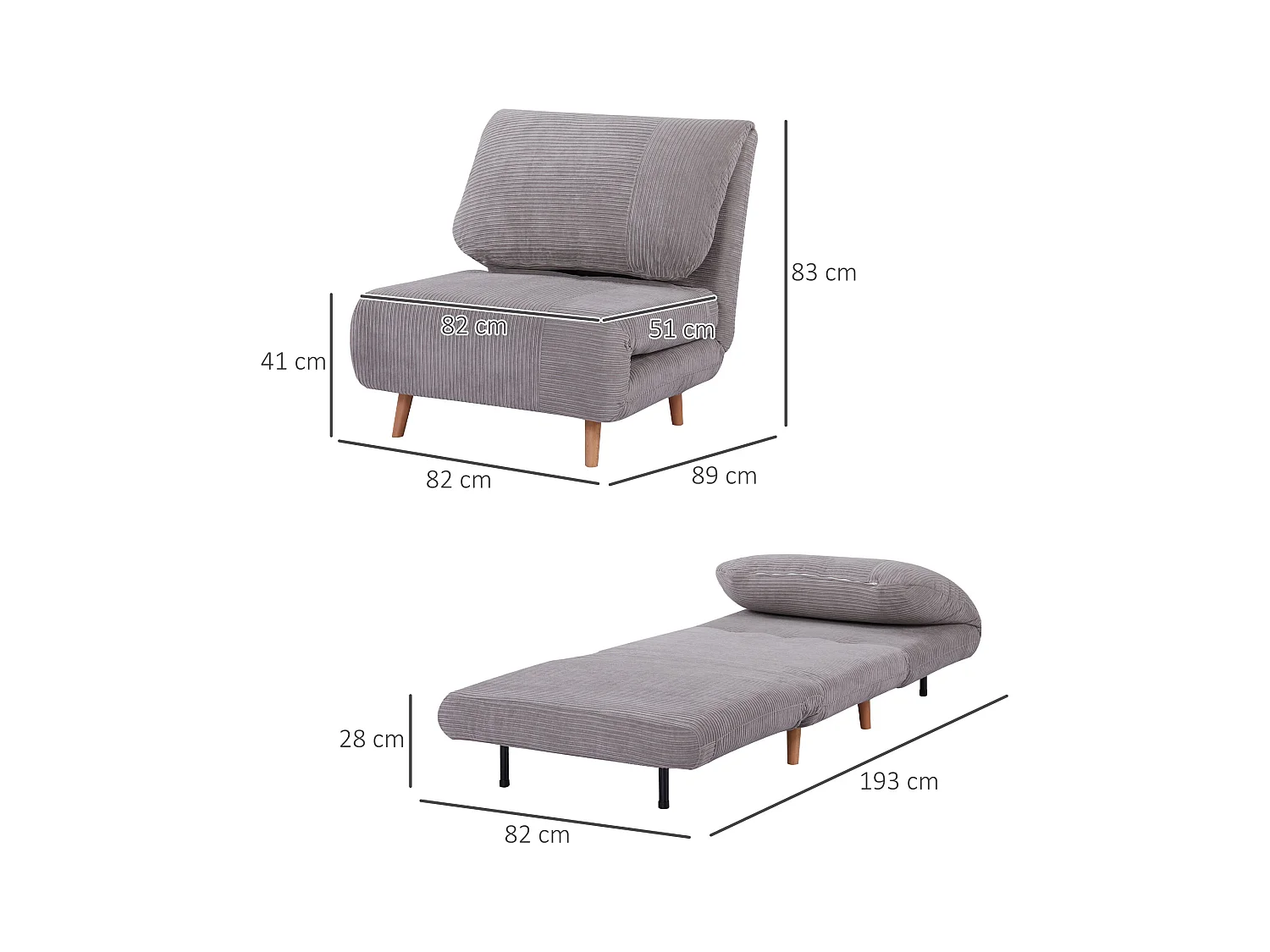 Canapé-lit 2 en 1, dossier réglable, matelas pliant, bois, gris clair (82x89x83cm)