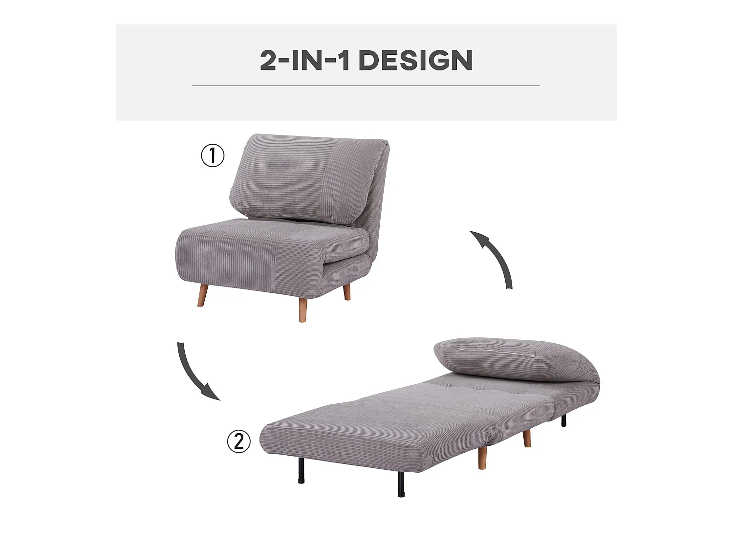 Canapé-lit 2 en 1, dossier réglable, matelas pliant, bois, gris clair (82x89x83cm)