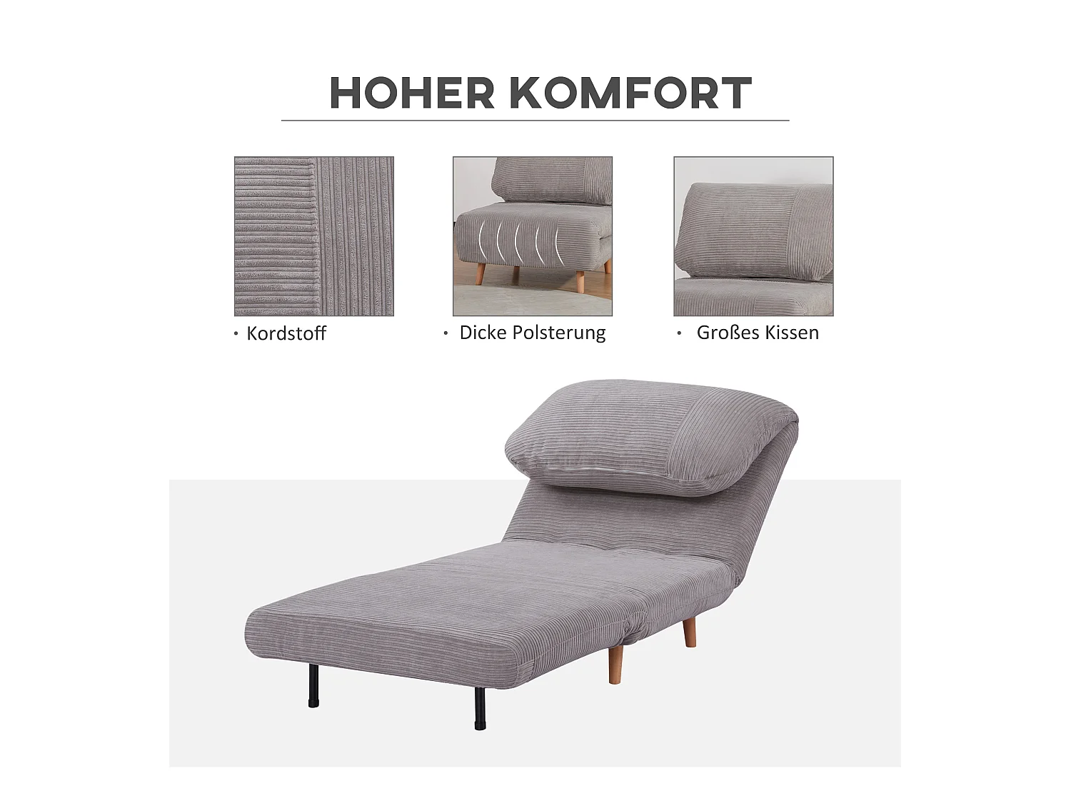 Canapé-lit 2 en 1, dossier réglable, matelas pliant, bois, gris clair (82x89x83cm)