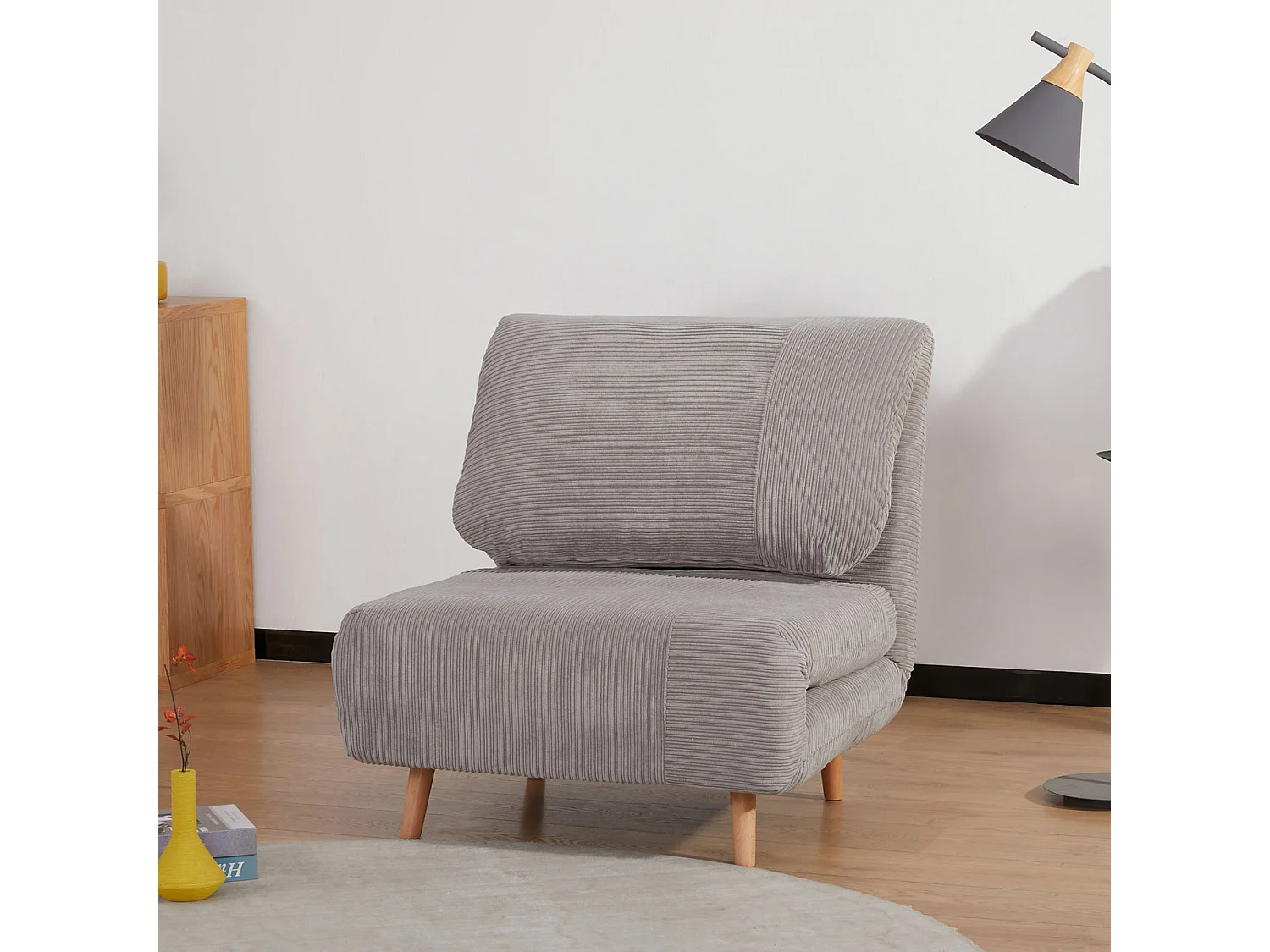 Canapé-lit 2 en 1, dossier réglable, matelas pliant, bois, gris clair (82x89x83cm)