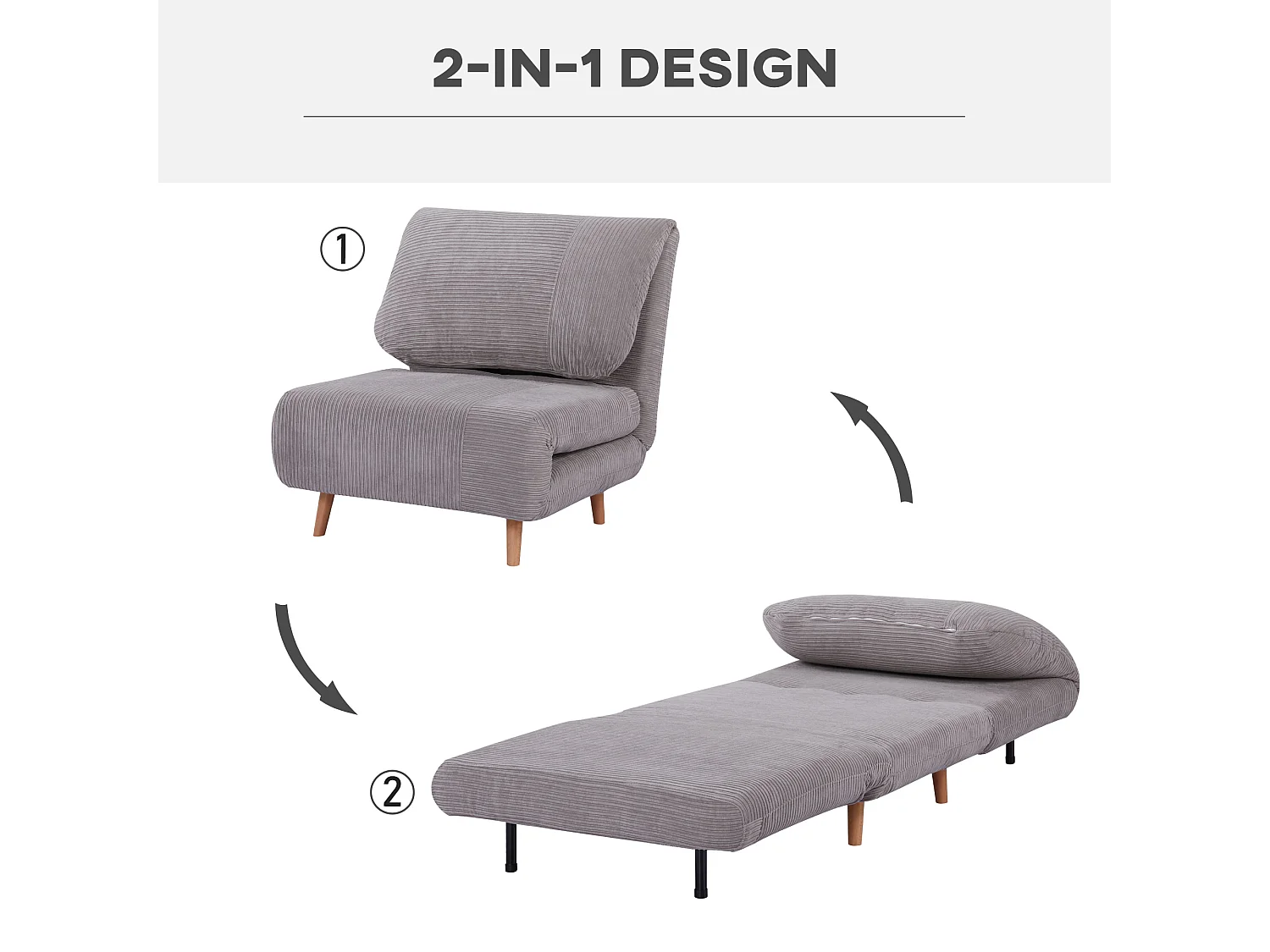 Canapé-lit 2 en 1, dossier réglable, matelas pliant, bois, gris clair (82x89x83cm)