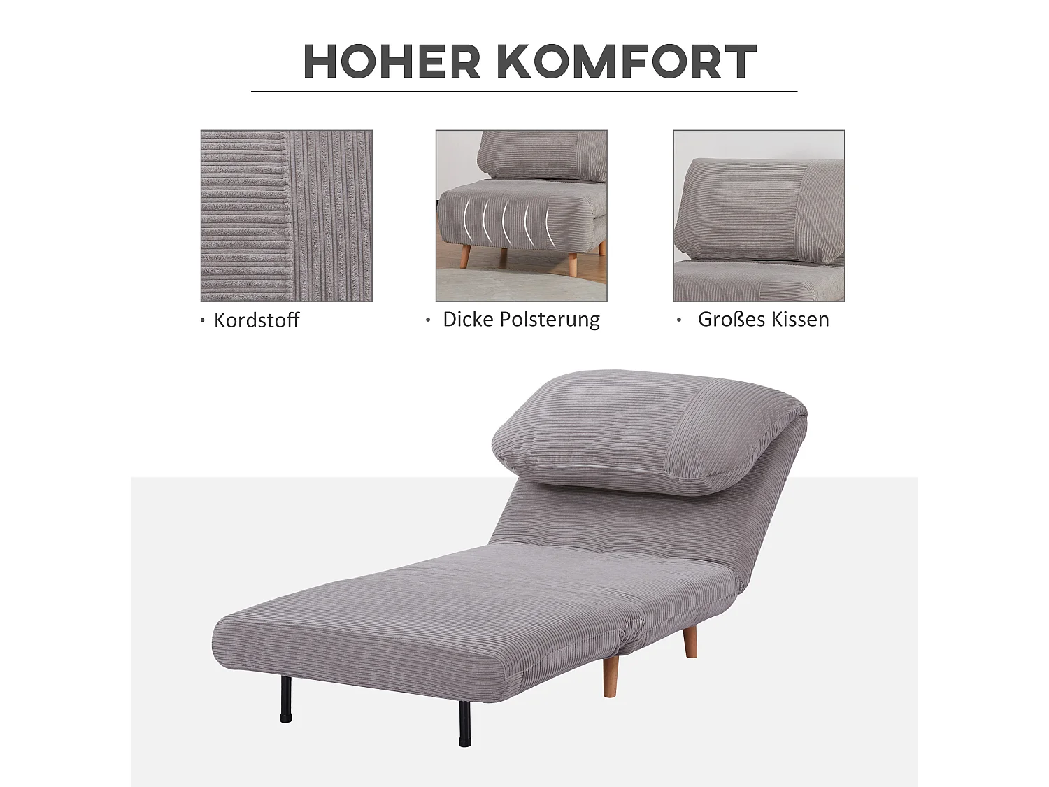 Canapé-lit 2 en 1, dossier réglable, matelas pliant, bois, gris clair (82x89x83cm)