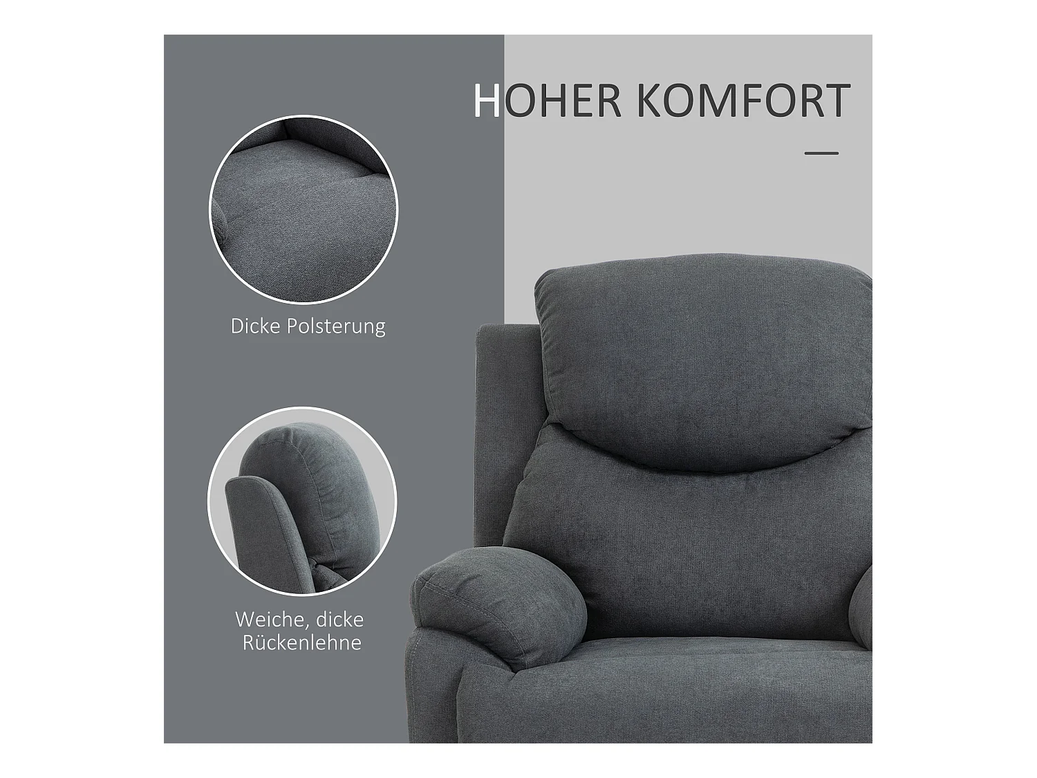 150° relaxfauteuil, linnen, donkergrijs, frame van hout en metaal (93x88x102cm)