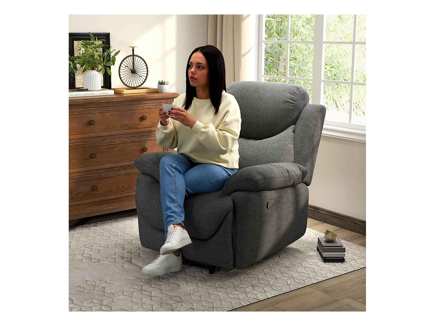 Fauteuil inclinable 150°, lin, gris foncé, structure bois et métal (93x88x102cm)