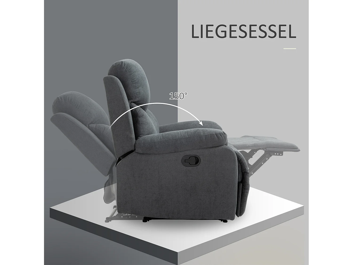 Fauteuil inclinable 150°, lin, gris foncé, structure bois et métal (93x88x102cm)