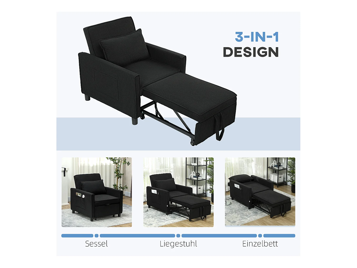 Fauteuil-lit 3-en-1 avec fonction inclinable, tissu, noir (84x74x81 cm)