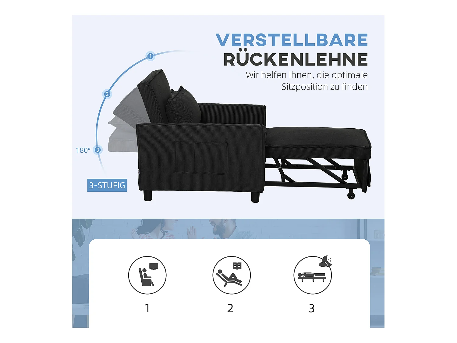 Fauteuil-lit 3-en-1 avec fonction inclinable, tissu, noir (84x74x81 cm)