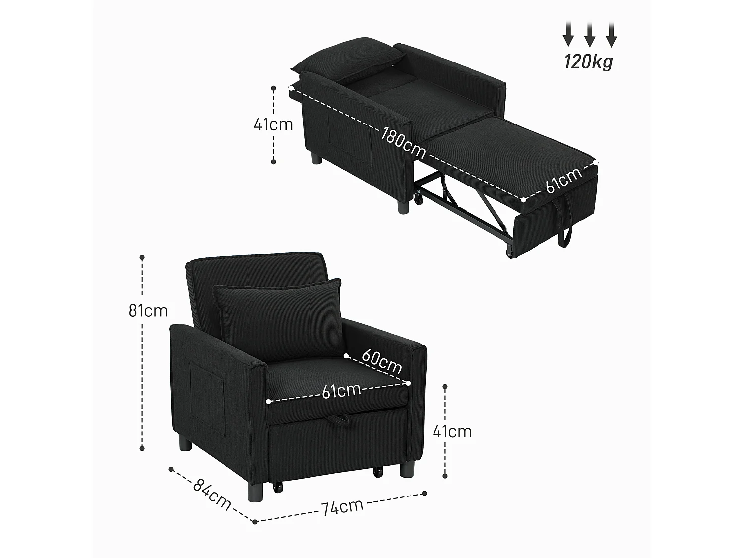 Fauteuil-lit 3-en-1 avec fonction inclinable, tissu, noir (84x74x81 cm)