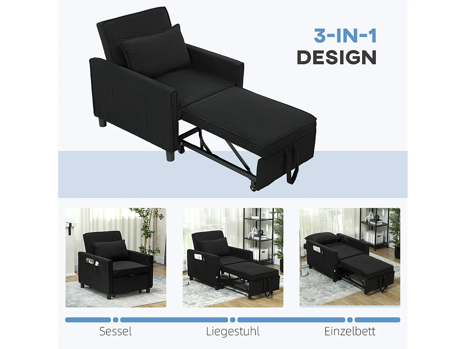 Fauteuil-lit 3-en-1 avec fonction inclinable, tissu, noir (84x74x81 cm)