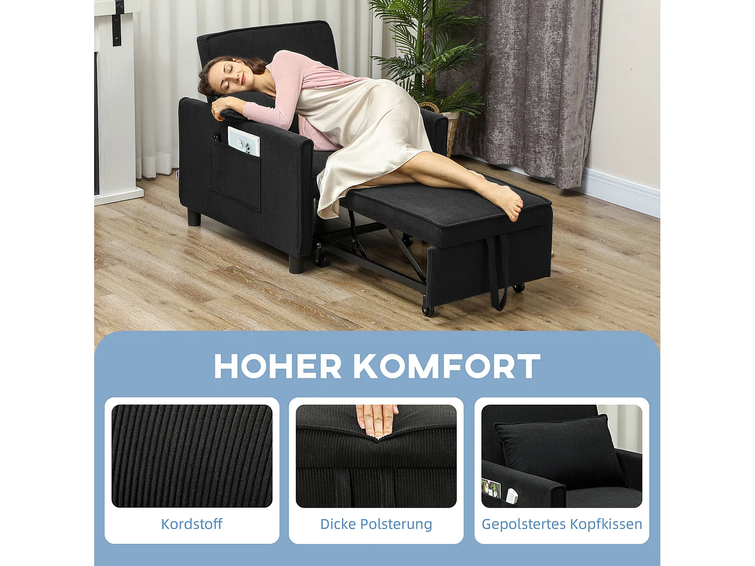 Fauteuil-lit 3-en-1 avec fonction inclinable, tissu, noir (84x74x81 cm)