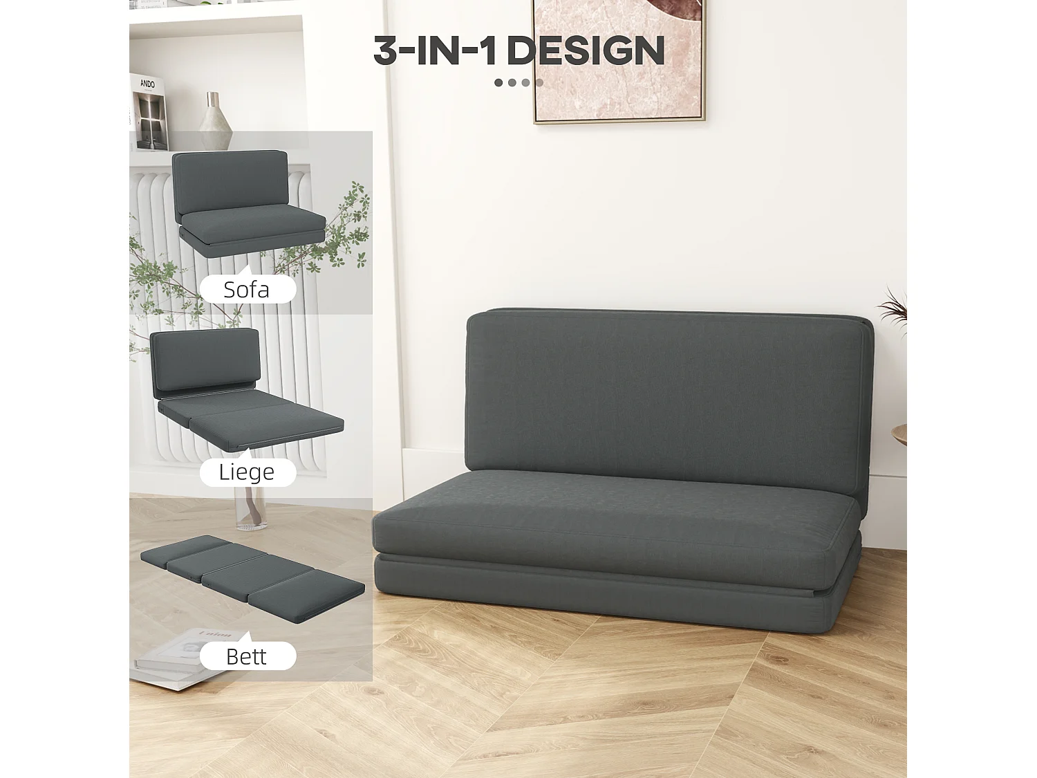 Canapé-lit pliable 3-en-1, revêtement velours, mousse épaisse, gris foncé (270x138x10cm)