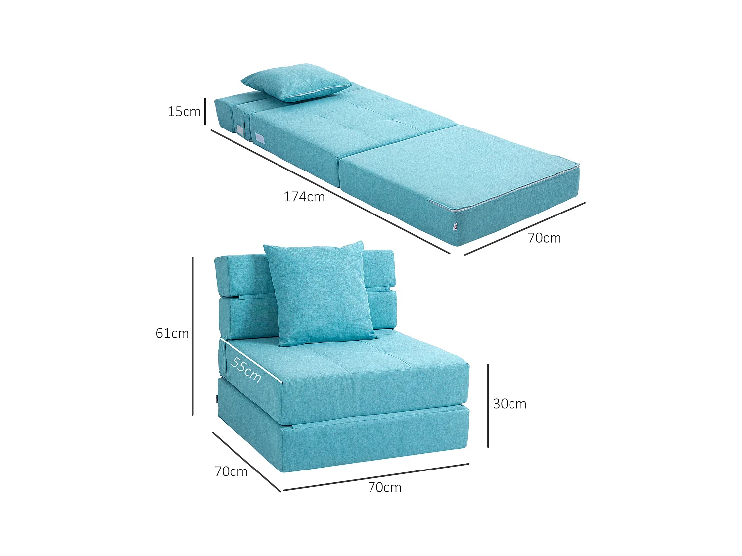 2-in-1 converteerbare fauteuil met bedfunctie, schuim, blauw (70x70x61cm)