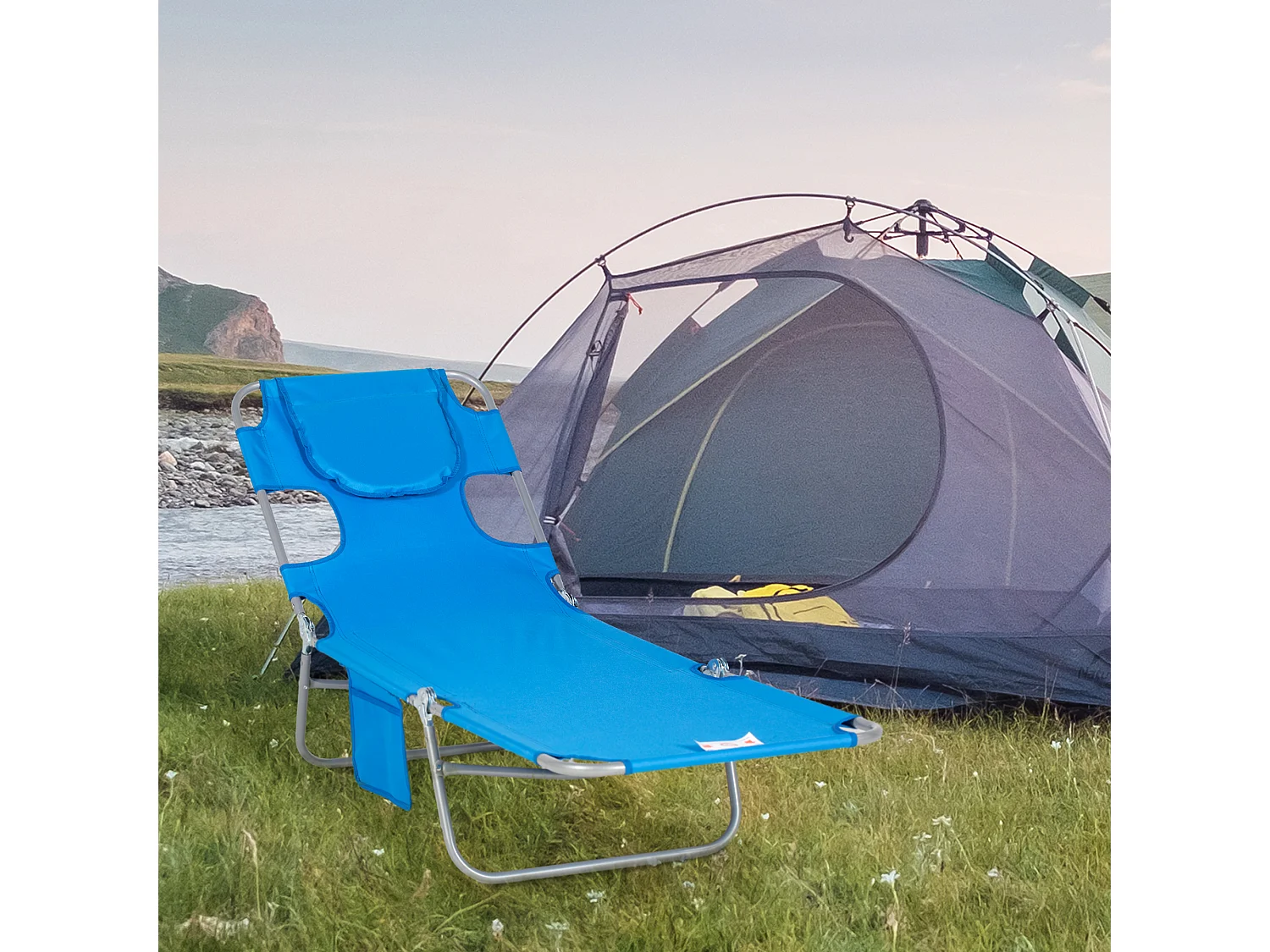 Chaise longue pliable avec coussin et fenêtre de lecture, polyester, bleu, (185x55x29 cm)