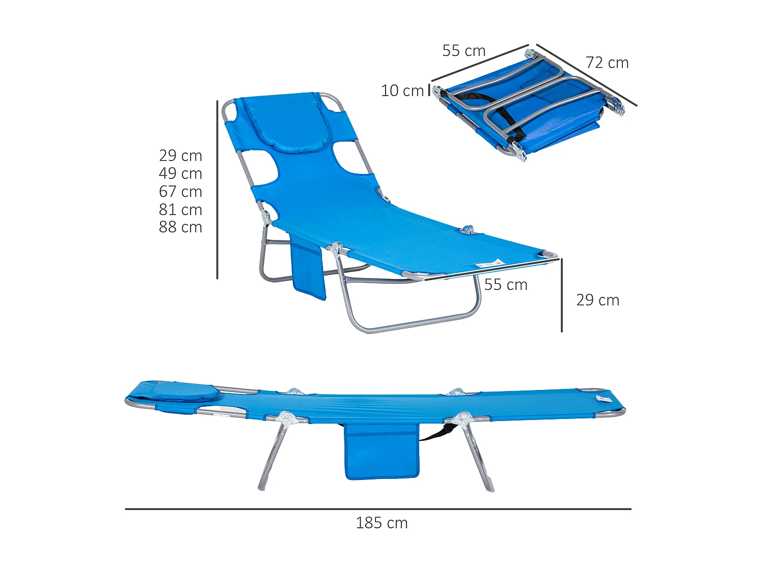 Chaise longue pliable avec coussin et fenêtre de lecture, polyester, bleu, (185x55x29 cm)