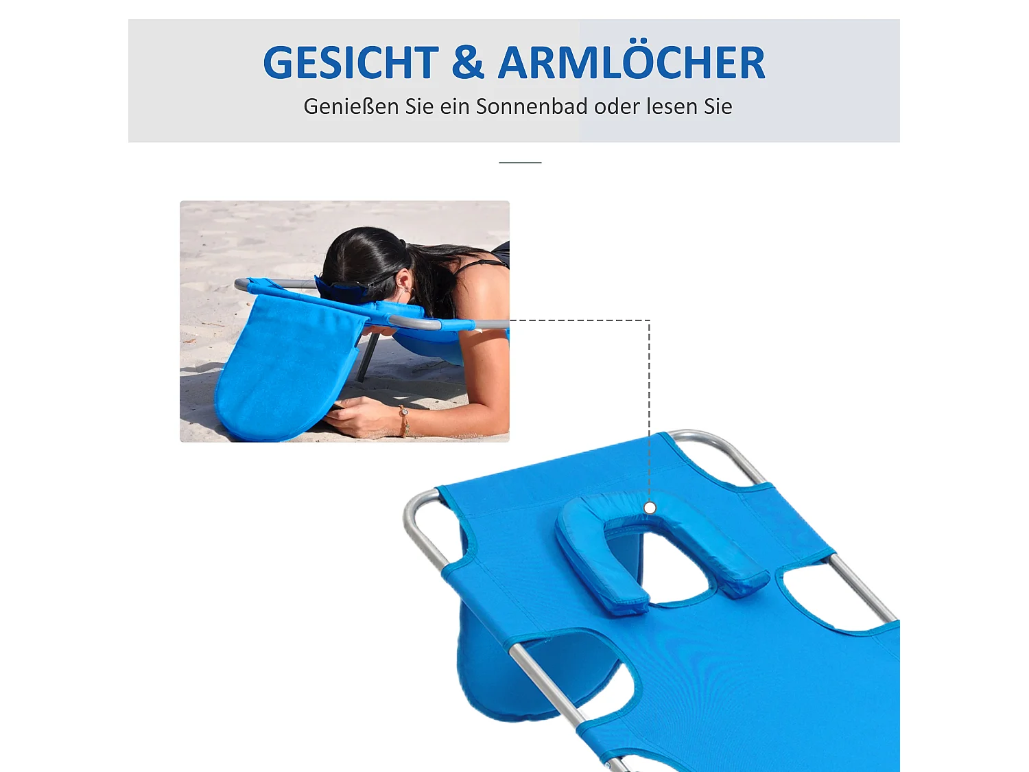 Chaise longue pliable avec coussin et fenêtre de lecture, polyester, bleu, (185x55x29 cm)