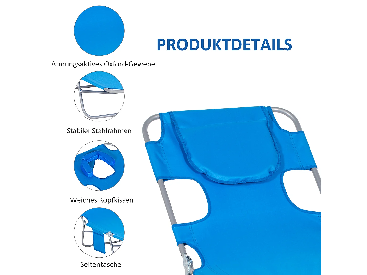 Chaise longue pliable avec coussin et fenêtre de lecture, polyester, bleu, (185x55x29 cm)