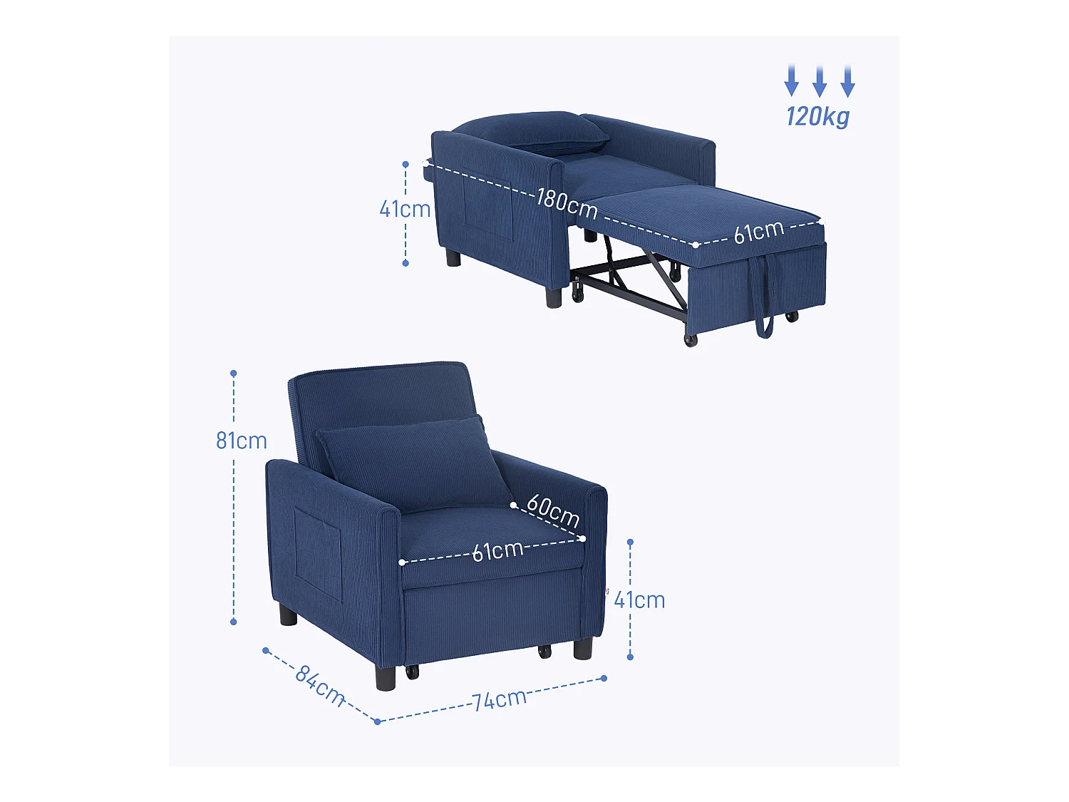 3-in-1 converteerbare fauteuil, opklapbaar bed, verstelbare rugleuning, corduroy, blauw (84x74x81cm)