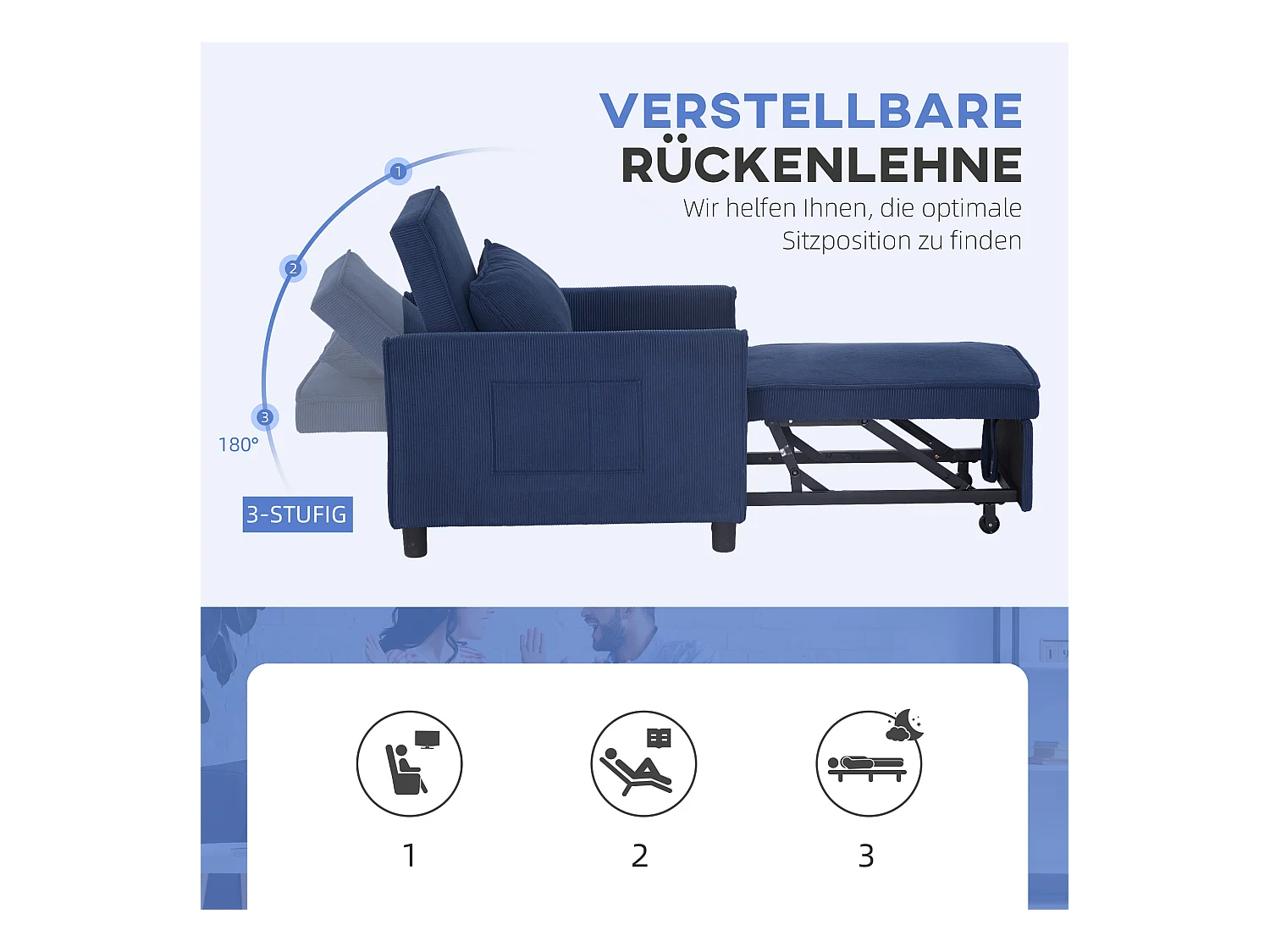 3-in-1 converteerbare fauteuil, opklapbaar bed, verstelbare rugleuning, corduroy, blauw (84x74x81cm)