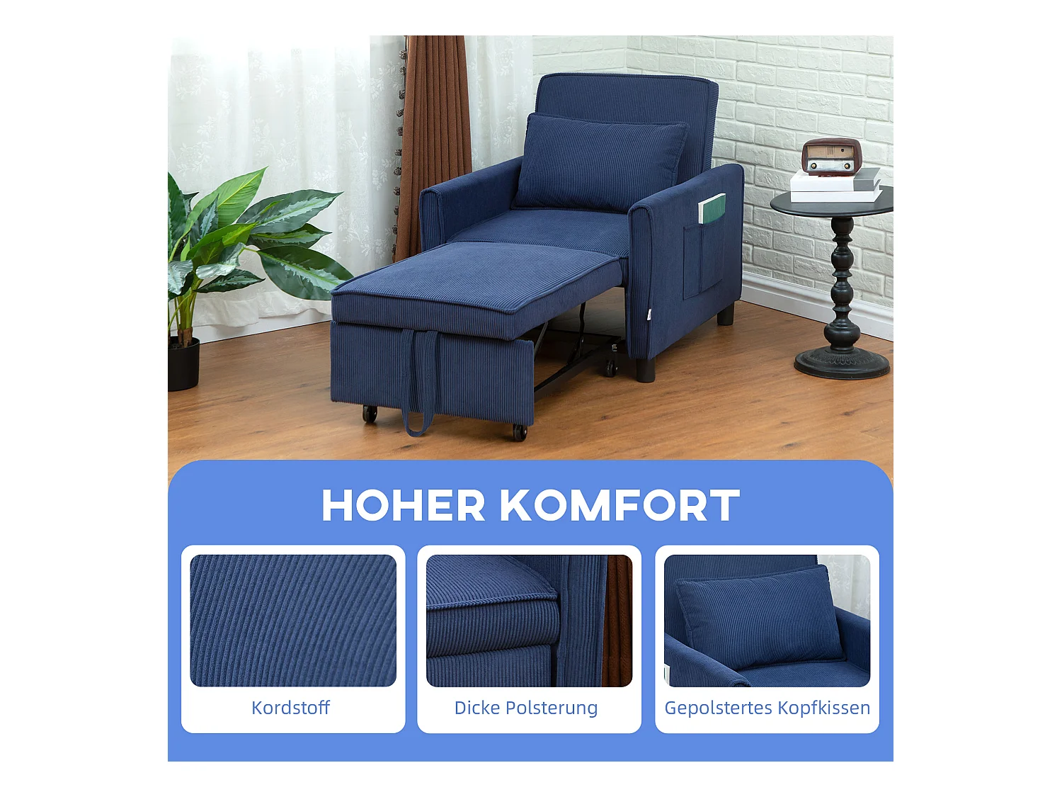 3-in-1 converteerbare fauteuil, opklapbaar bed, verstelbare rugleuning, corduroy, blauw (84x74x81cm)