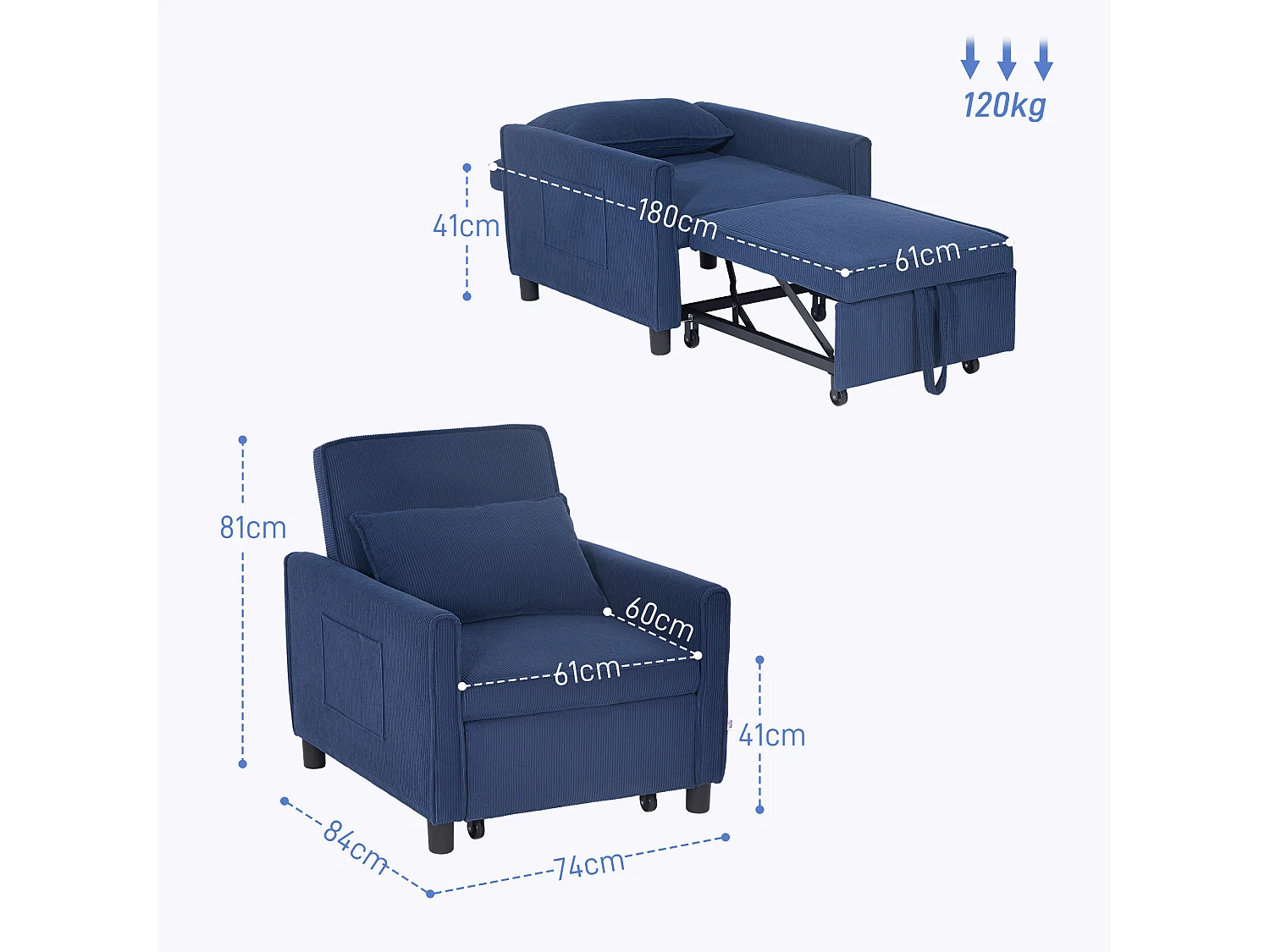 Fauteuil convertible 3 en 1, lit pliant, dossier réglable, velours côtelé, bleu (84x74x81cm)
