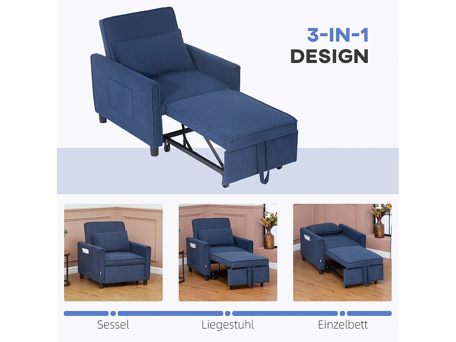 Fauteuil convertible 3 en 1, lit pliant, dossier réglable, velours côtelé, bleu (84x74x81cm)