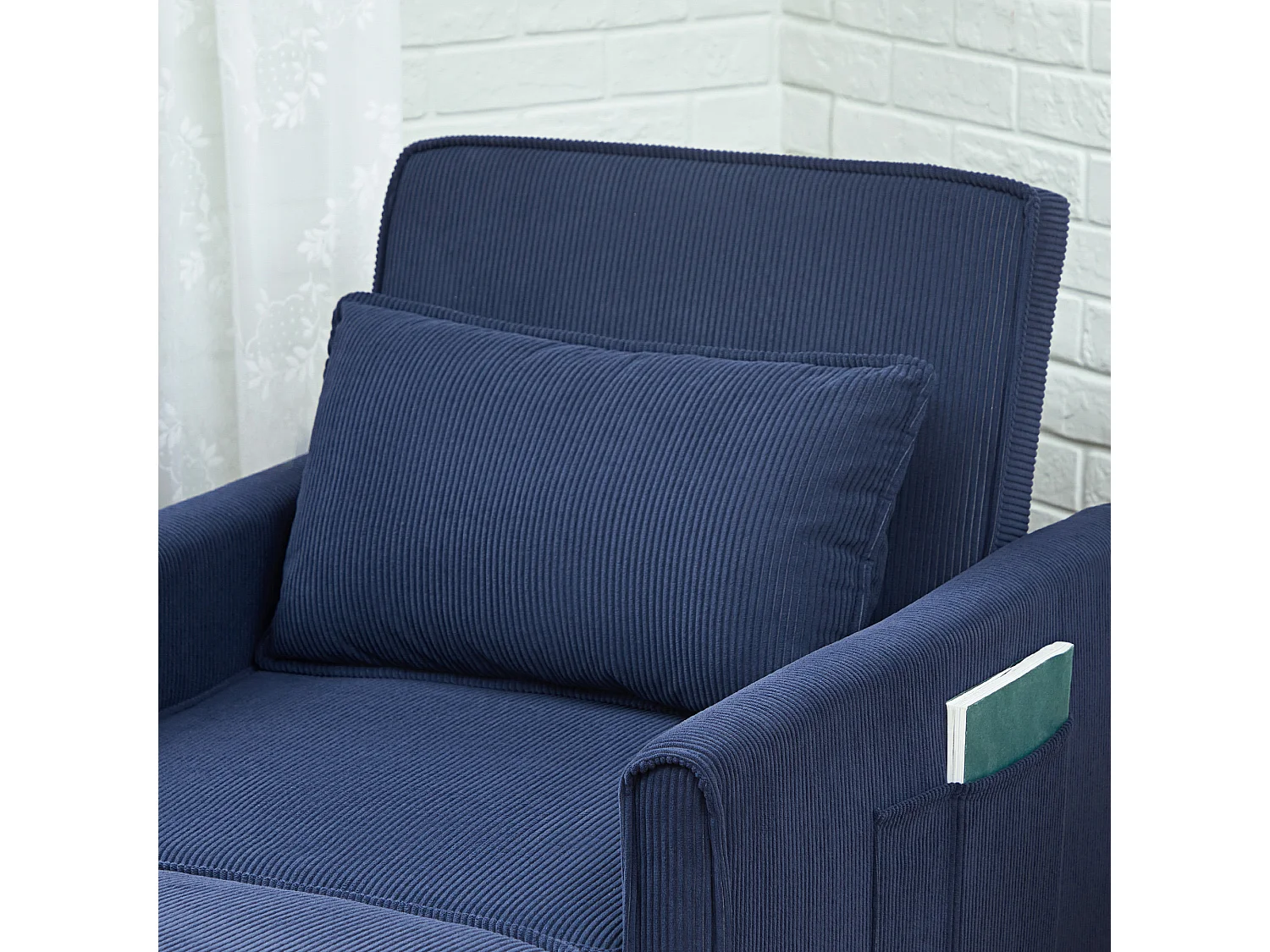 Fauteuil convertible 3 en 1, lit pliant, dossier réglable, velours côtelé, bleu (84x74x81cm)