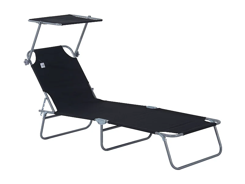 Sedia a sdraio pieghevole con tettuccio parasole, struttura in metallo, nera (187x58x36 cm)