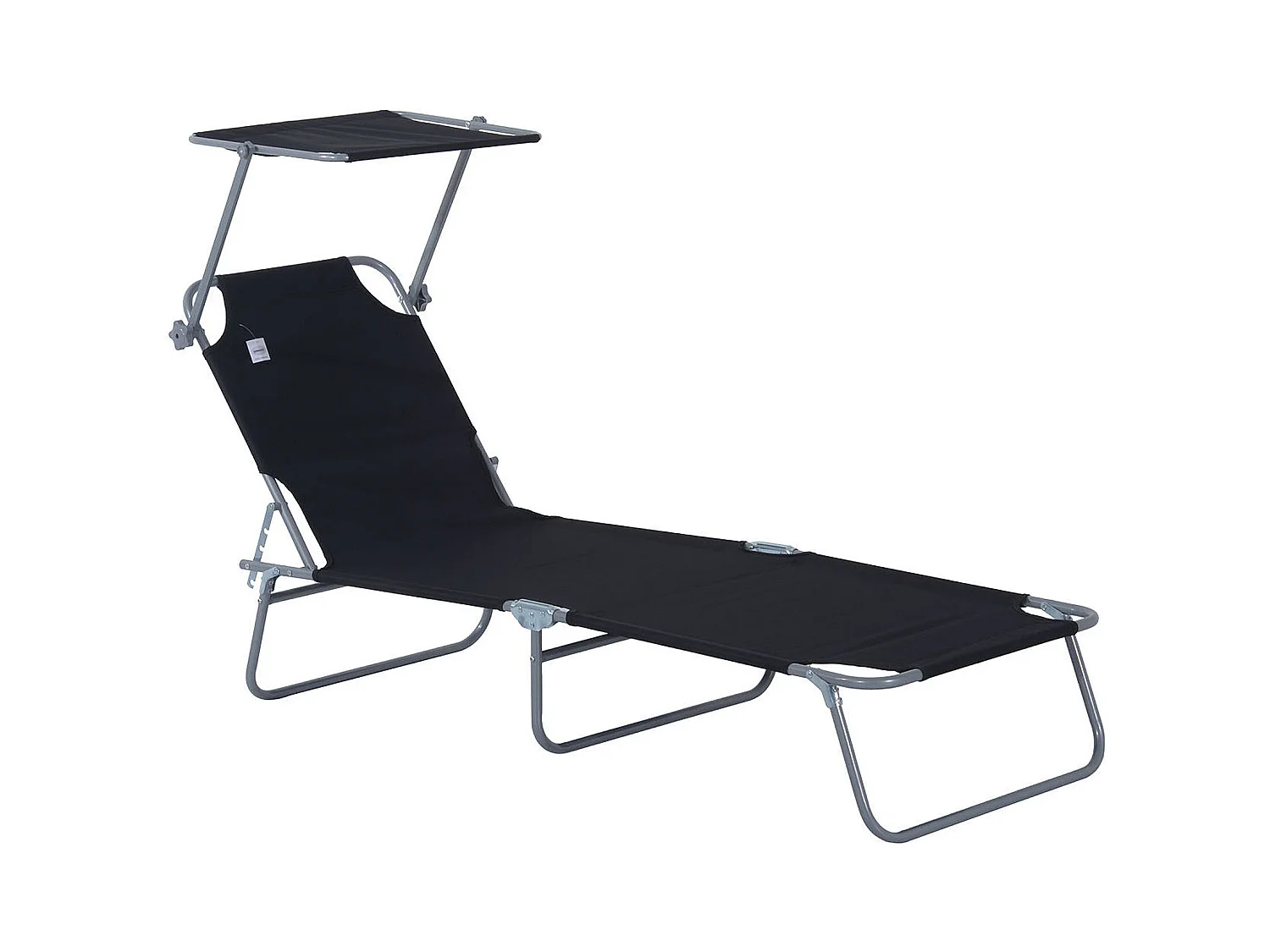 Chaise longue pliable avec toit pare-soleil, structure en métal, noir (187x58x36 cm)