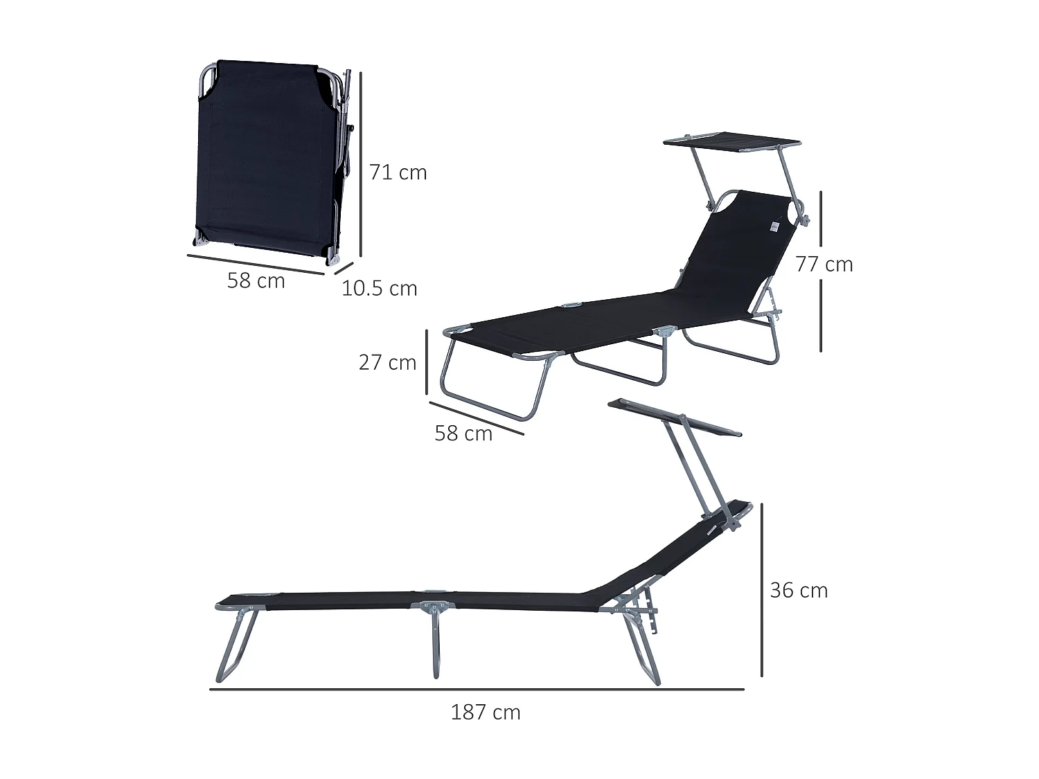 Chaise longue pliable avec toit pare-soleil, structure en métal, noir (187x58x36 cm)