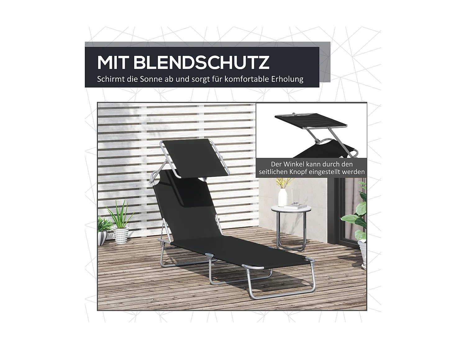 Chaise longue pliable avec toit pare-soleil, structure en métal, noir (187x58x36 cm)