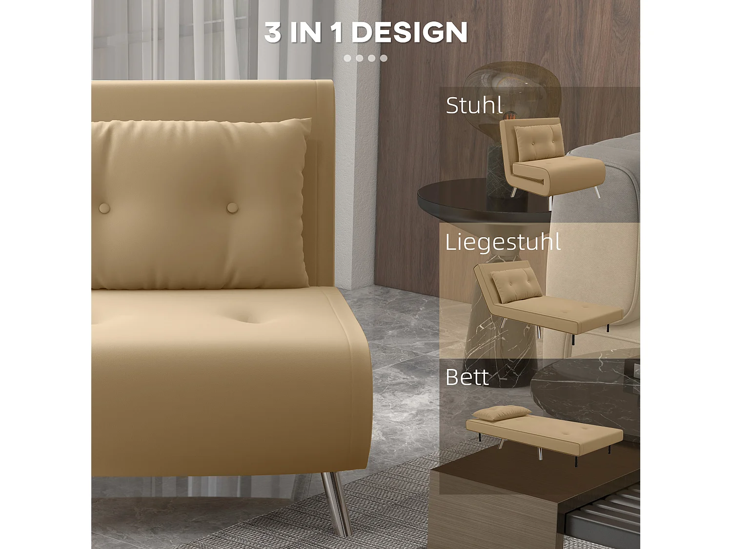 3-in-1 converteerbare fauteuil met bedfunctie, fluweel, inclusief kussen, bruin (77x88x83cm)