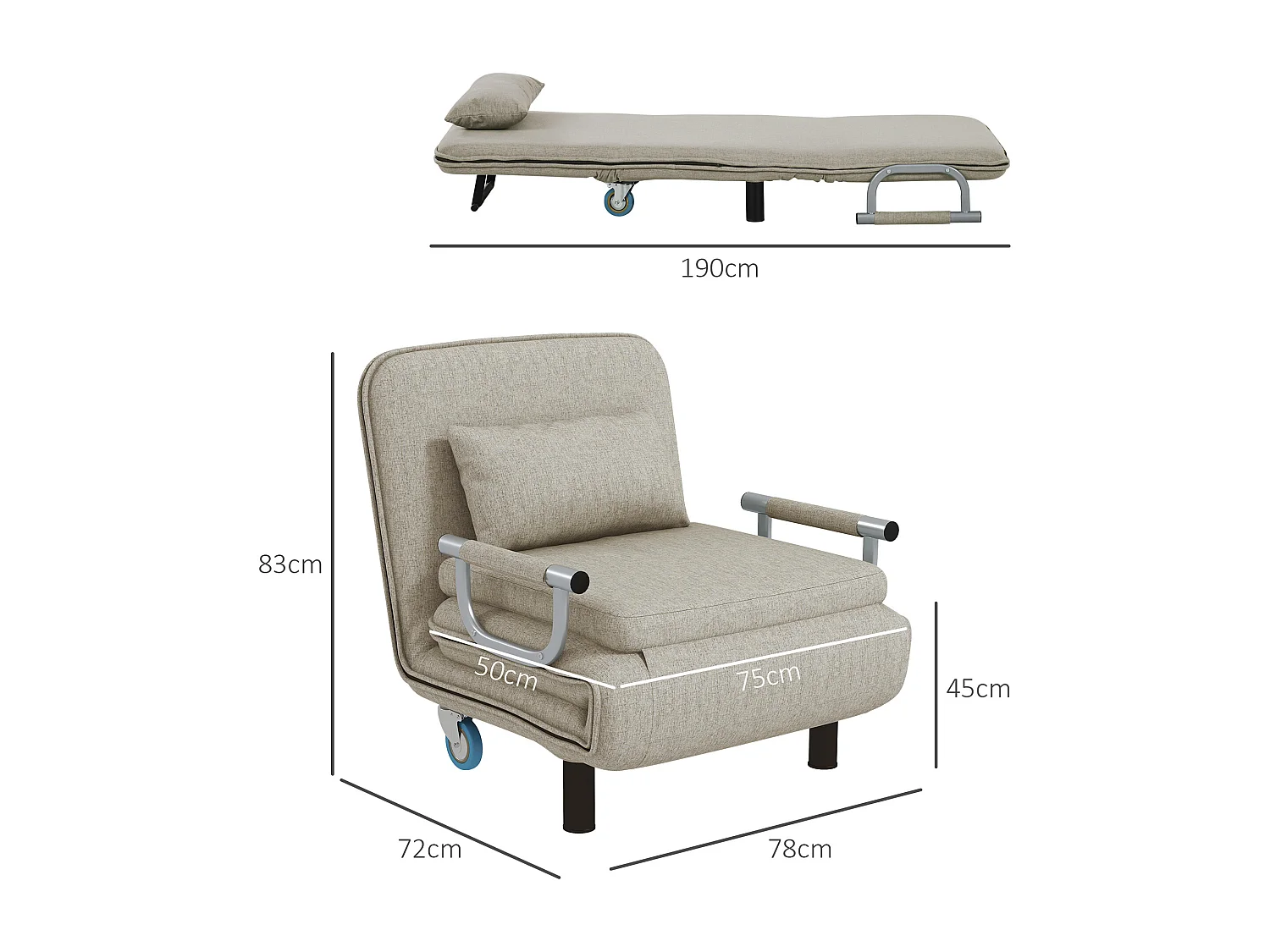 3-in-1 converteerbare fauteuil met bedfunctie, Polyester stof, Grijs (78x72x83 cm)