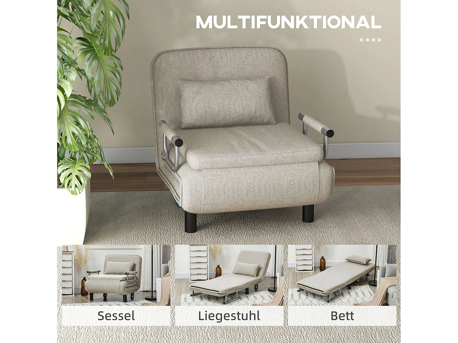 3-in-1 converteerbare fauteuil met bedfunctie, Polyester stof, Grijs (78x72x83 cm)