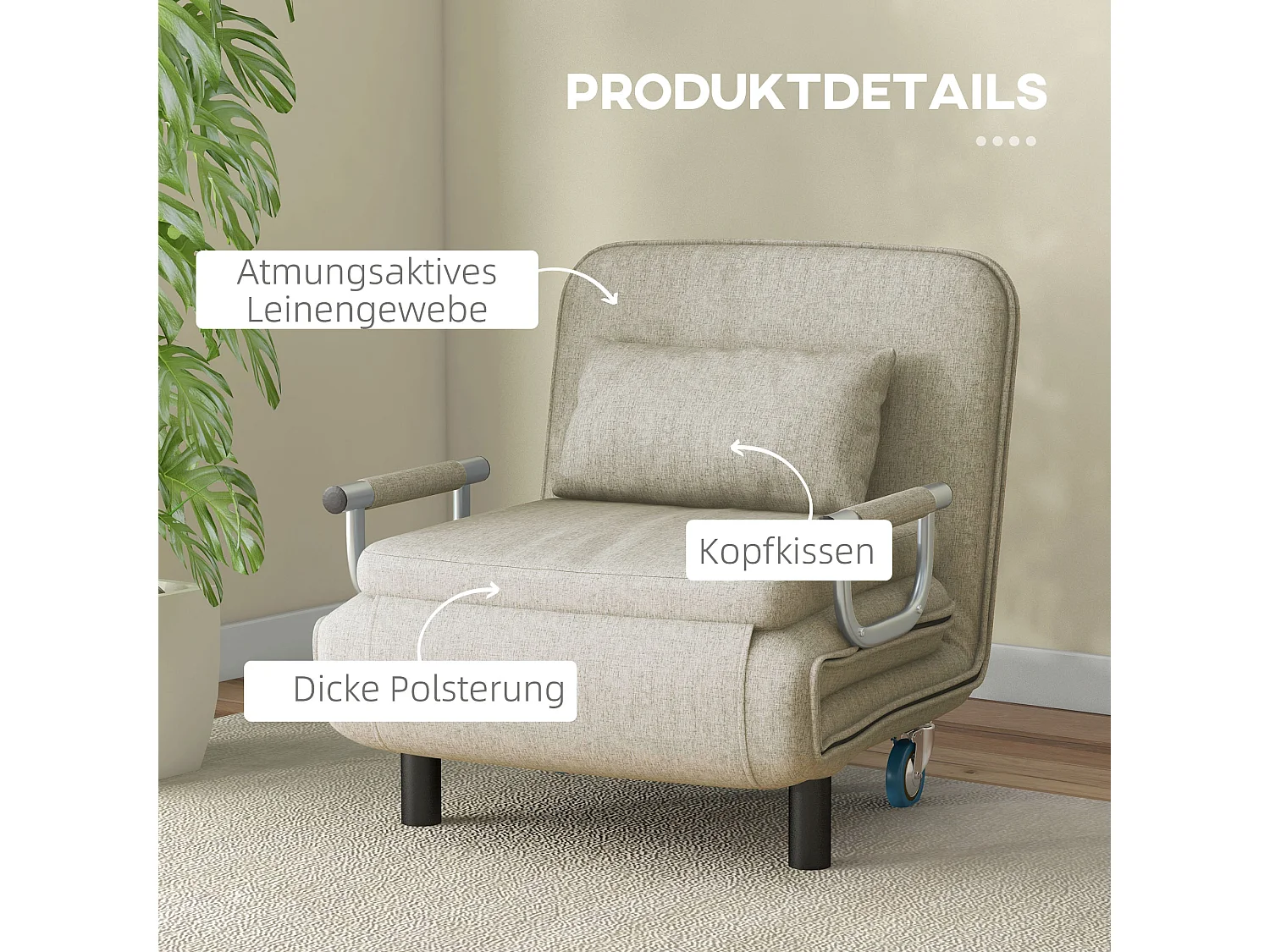 3-in-1 converteerbare fauteuil met bedfunctie, Polyester stof, Grijs (78x72x83 cm)