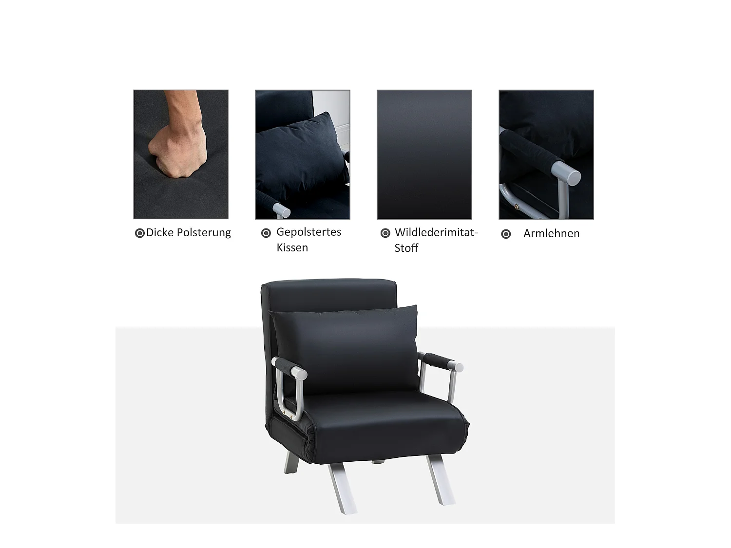 Canapé-lit 2 en 1, dossier réglable, housse amovible, polyester, noir (65x69x80cm)